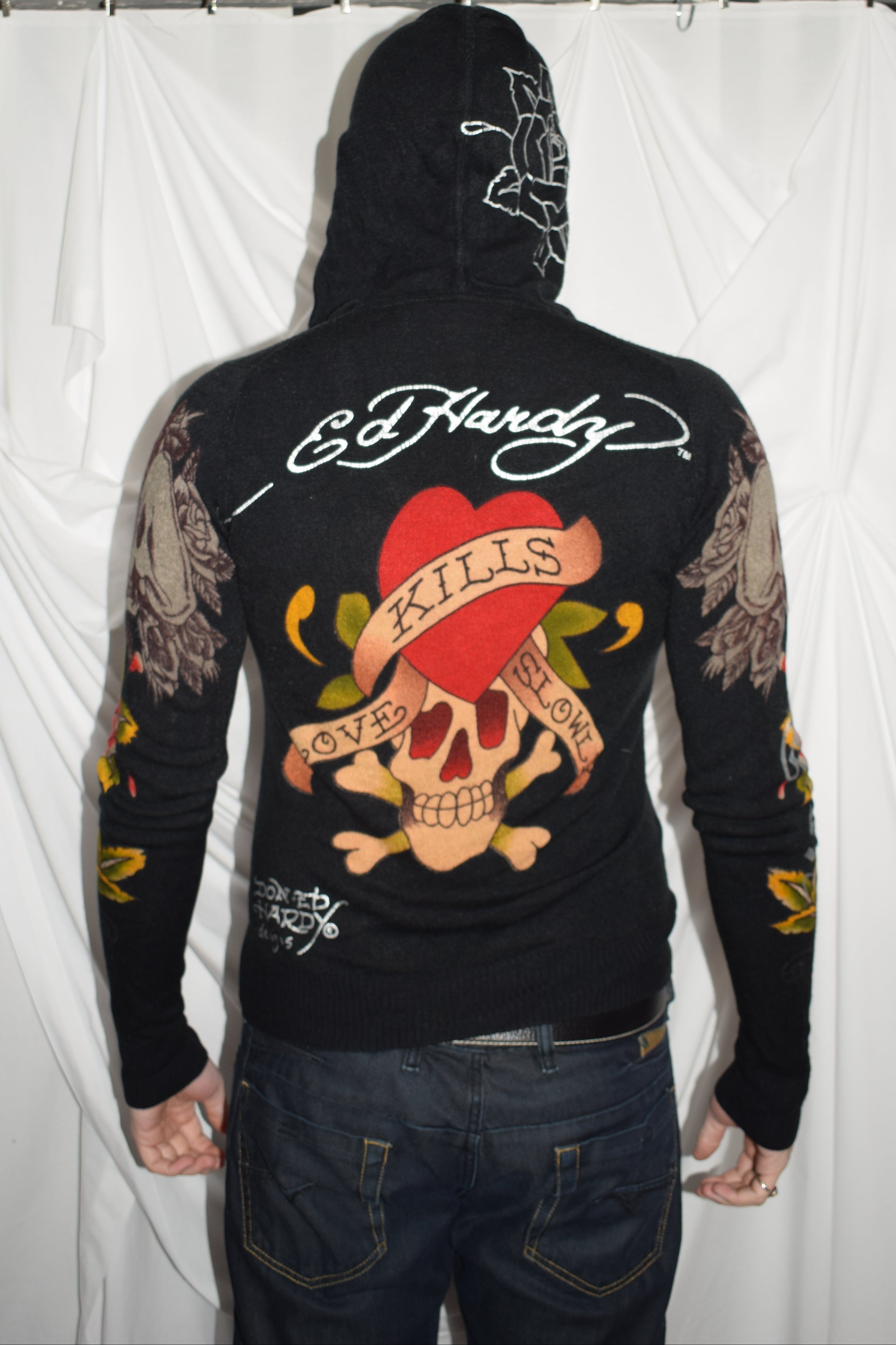 ED HARDY KNIT HOODED ZIP-UP TOP