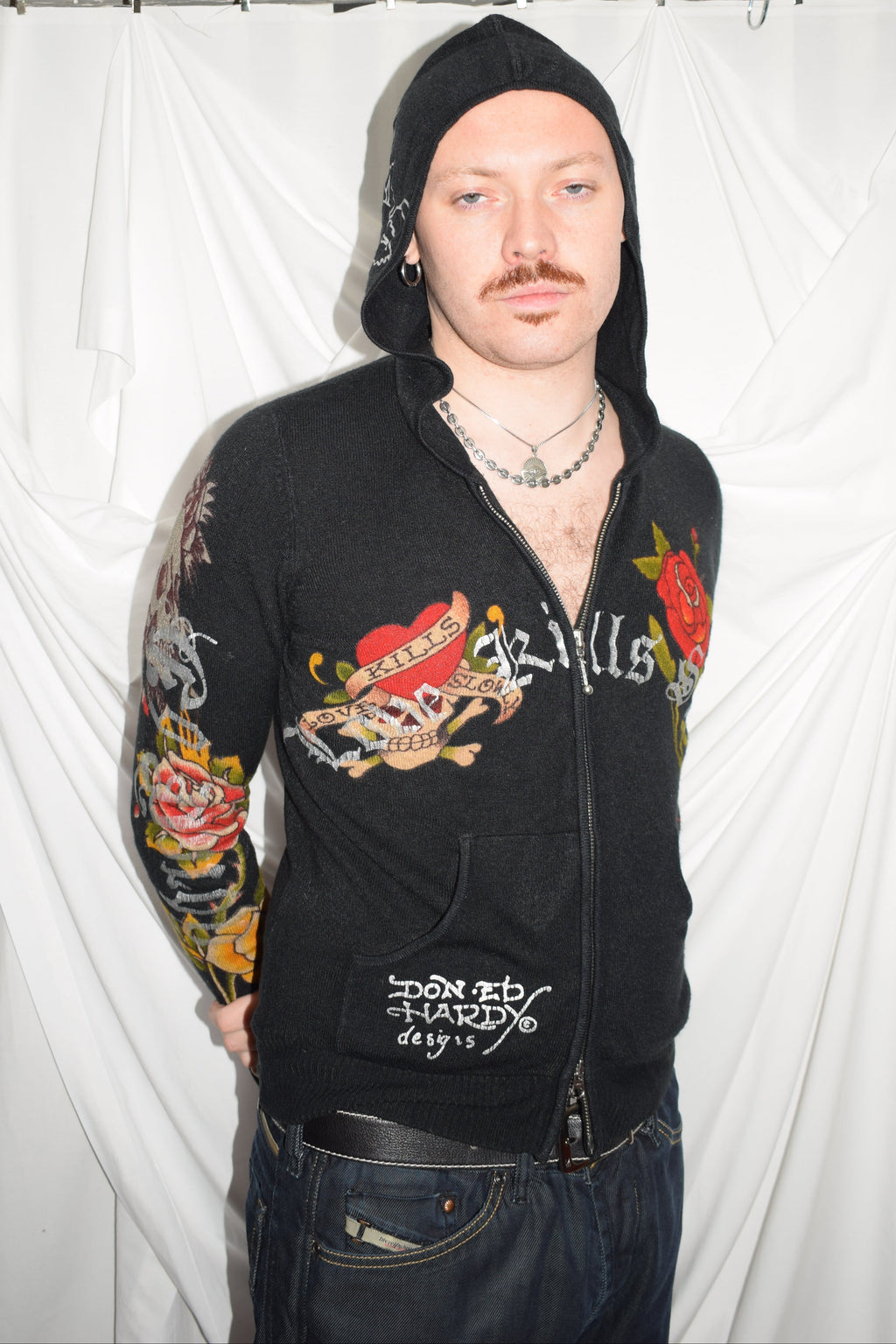 ED HARDY KNIT HOODED ZIP-UP TOP