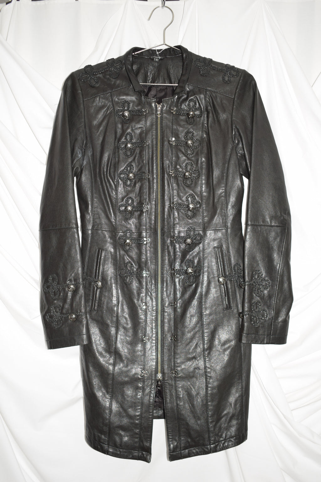 BLACK LEATHER MIDI MILITARY JACKET