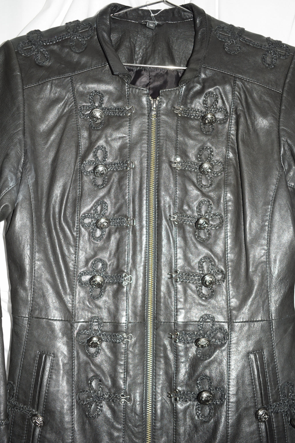 BLACK LEATHER MIDI MILITARY JACKET