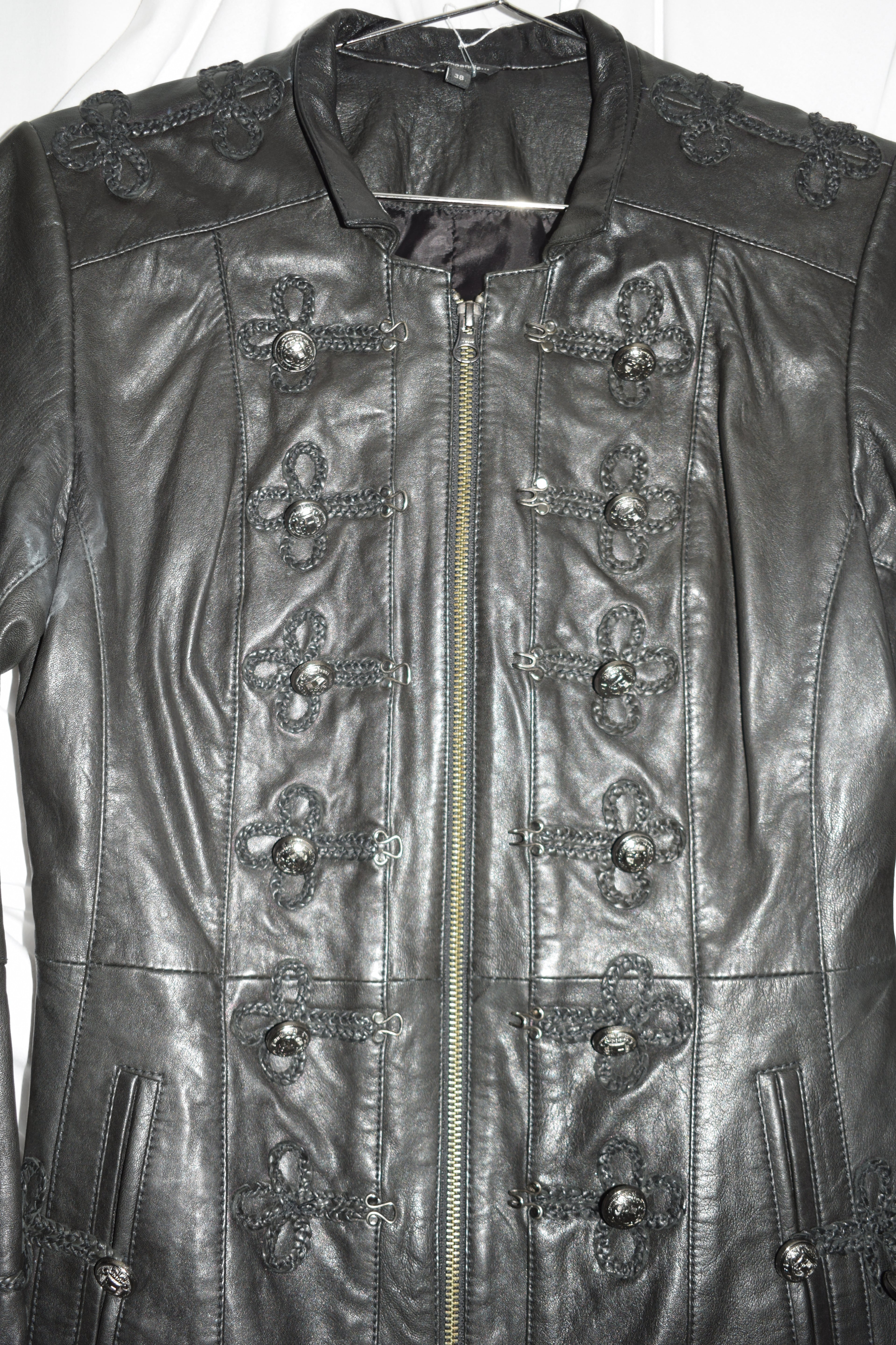 BLACK LEATHER MIDI MILITARY JACKET