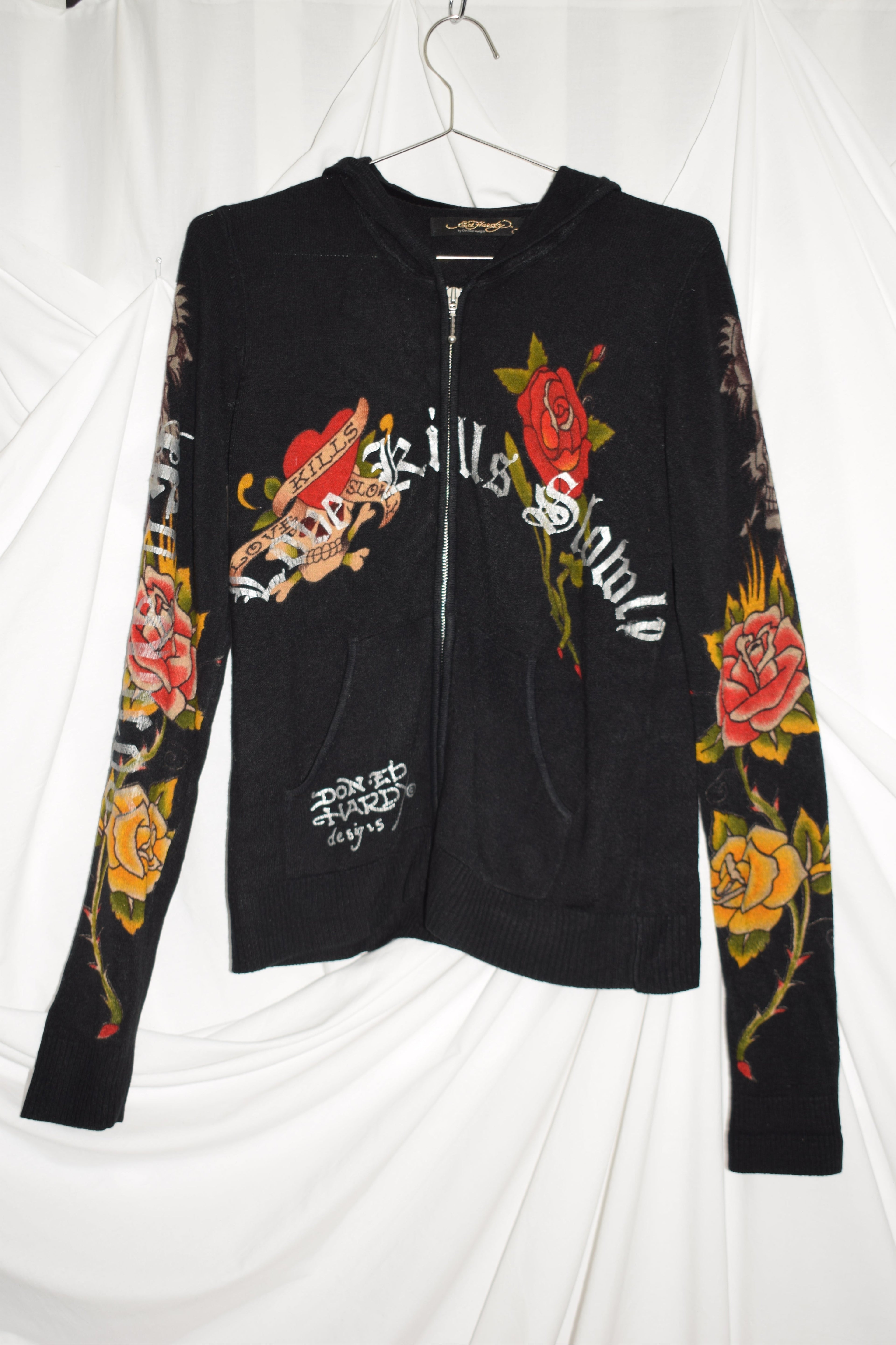ED HARDY KNIT HOODED ZIP-UP TOP