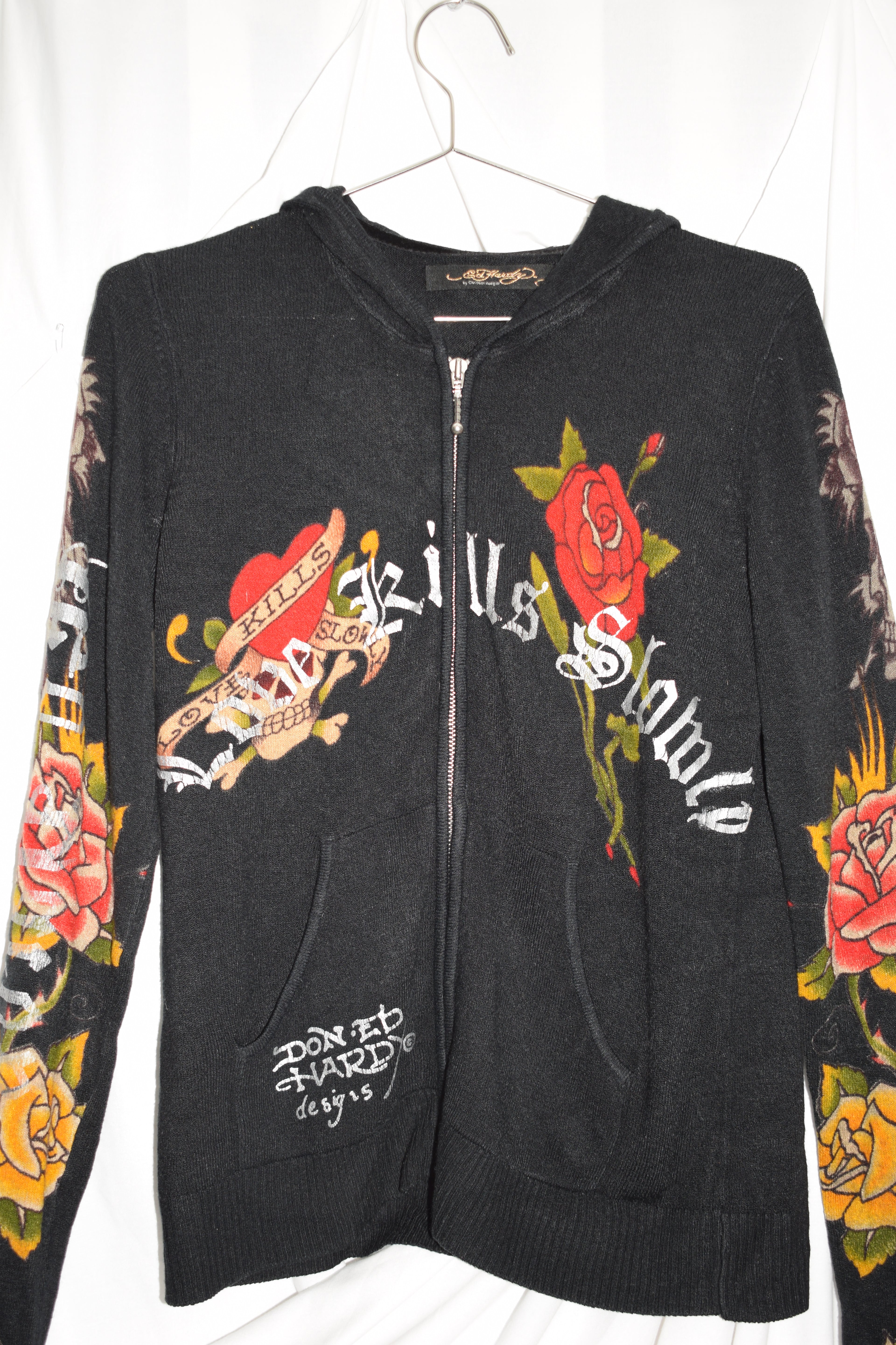 ED HARDY KNIT HOODED ZIP-UP TOP