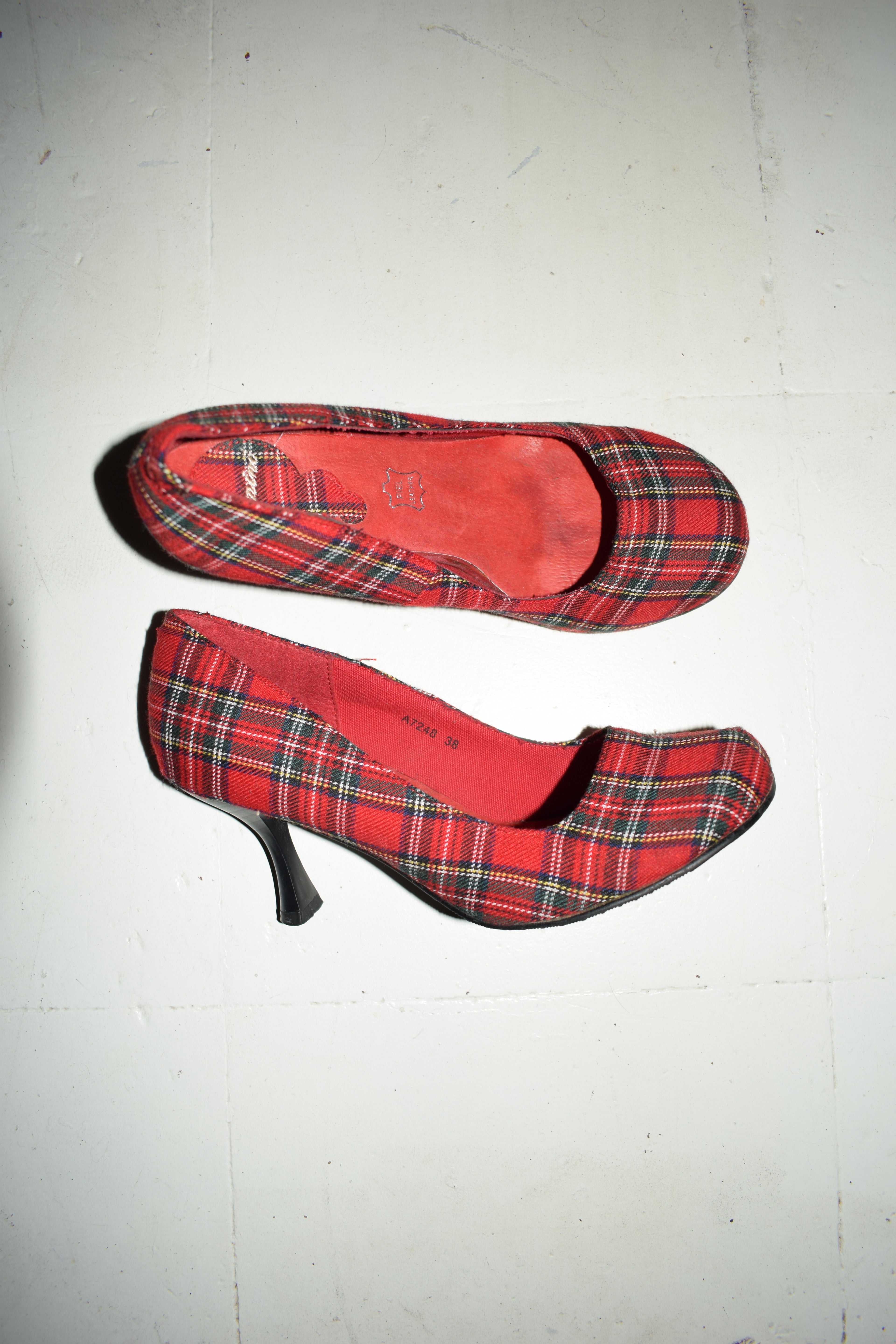 RED ROUND TOE TARTAN PUMPS