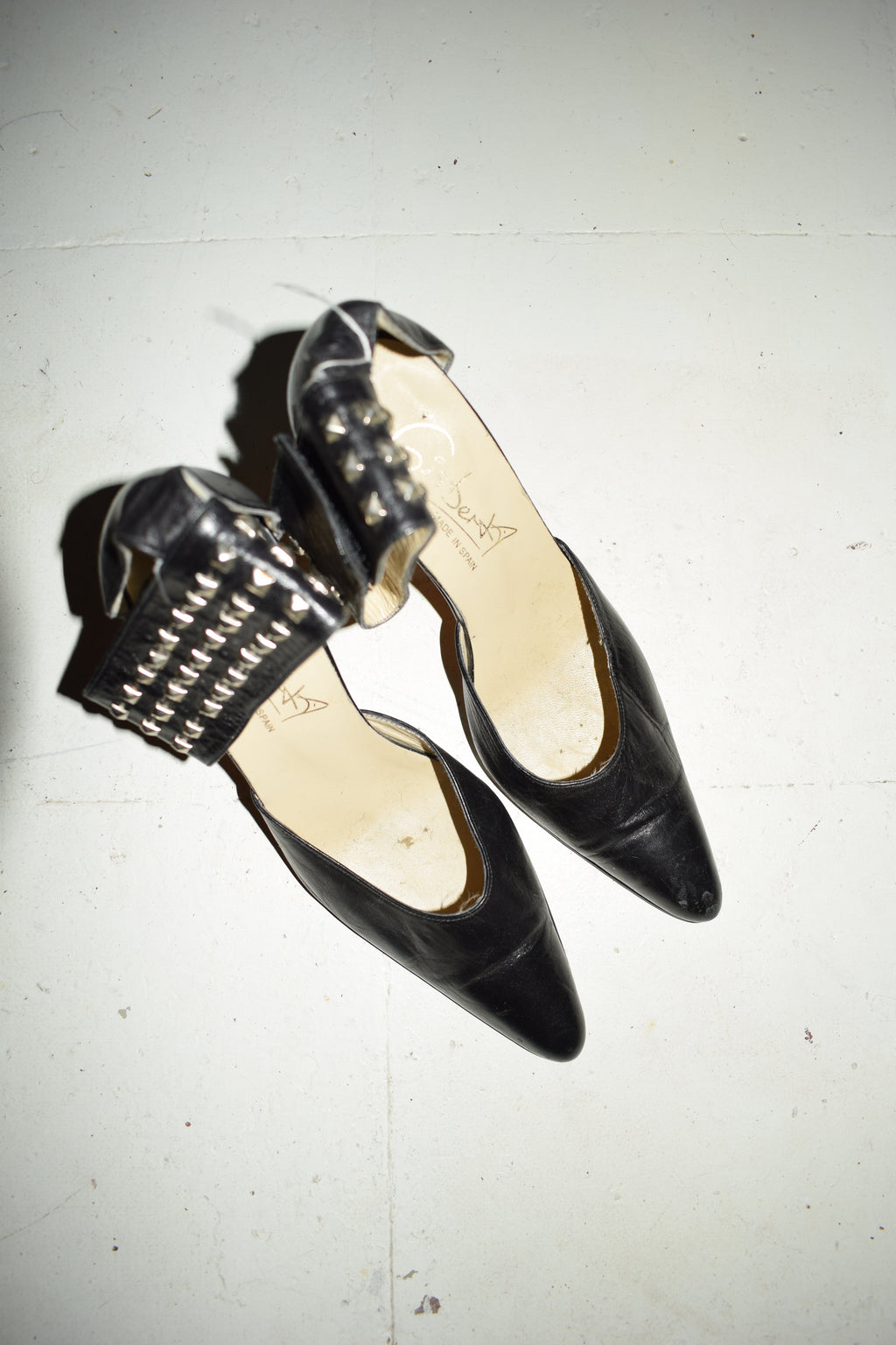 BLACK LEATHER KITTEN HEELS WITH STUD ANKLE CUFFS