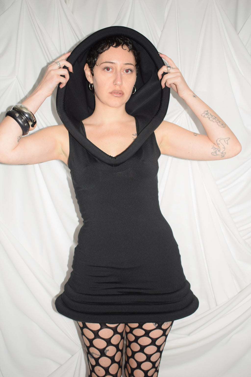 BLACK CYBERDOG HOODED DRESS