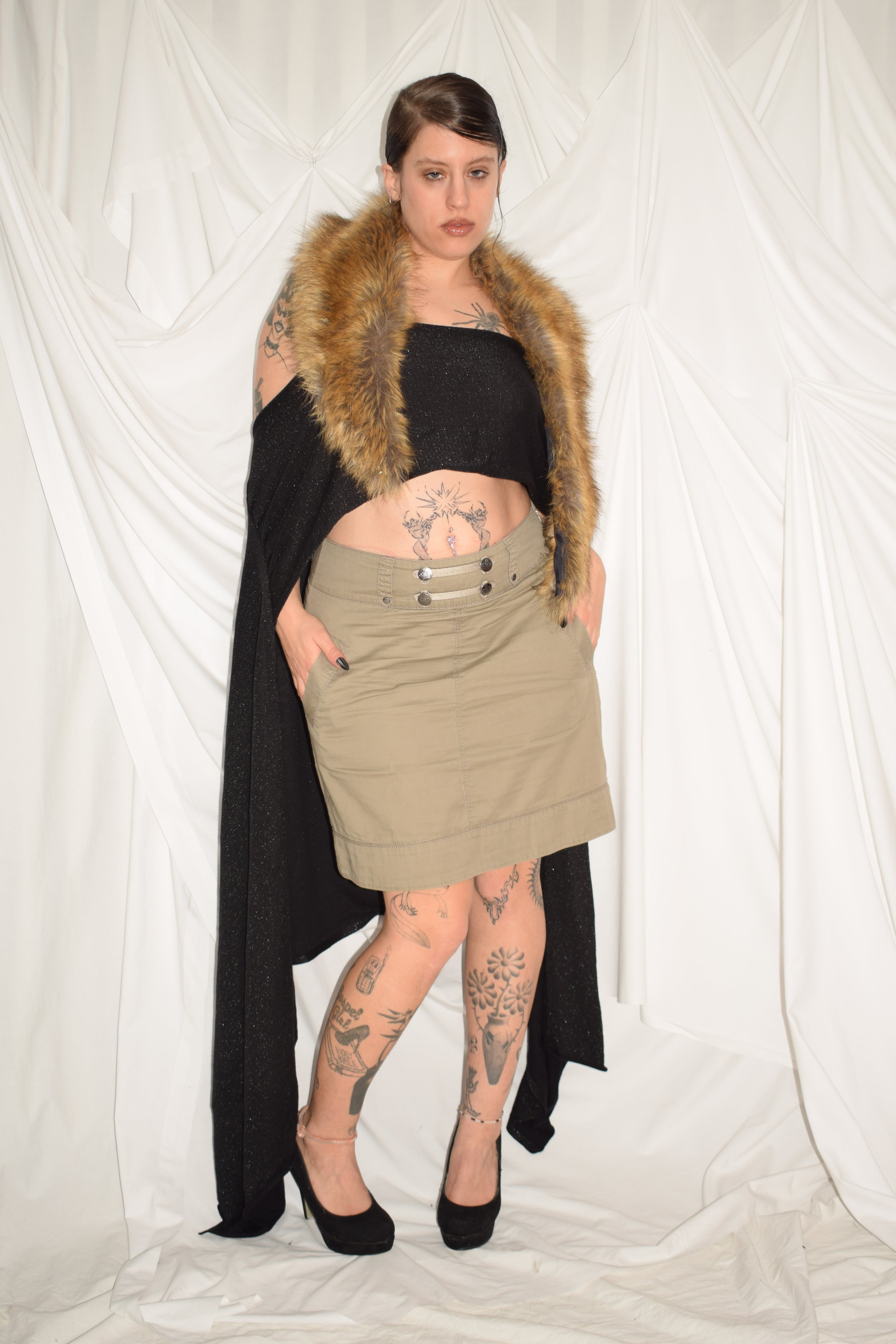 KHAKI MILITARY STLYE MIDI SKIRT