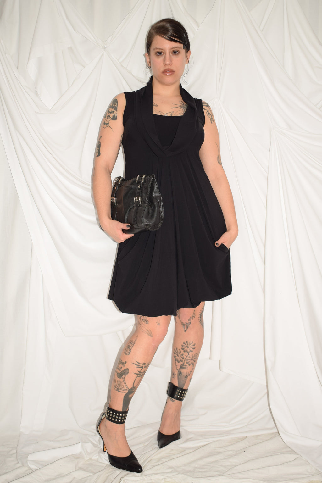 BLACK COWL NECK MIDI DRESS