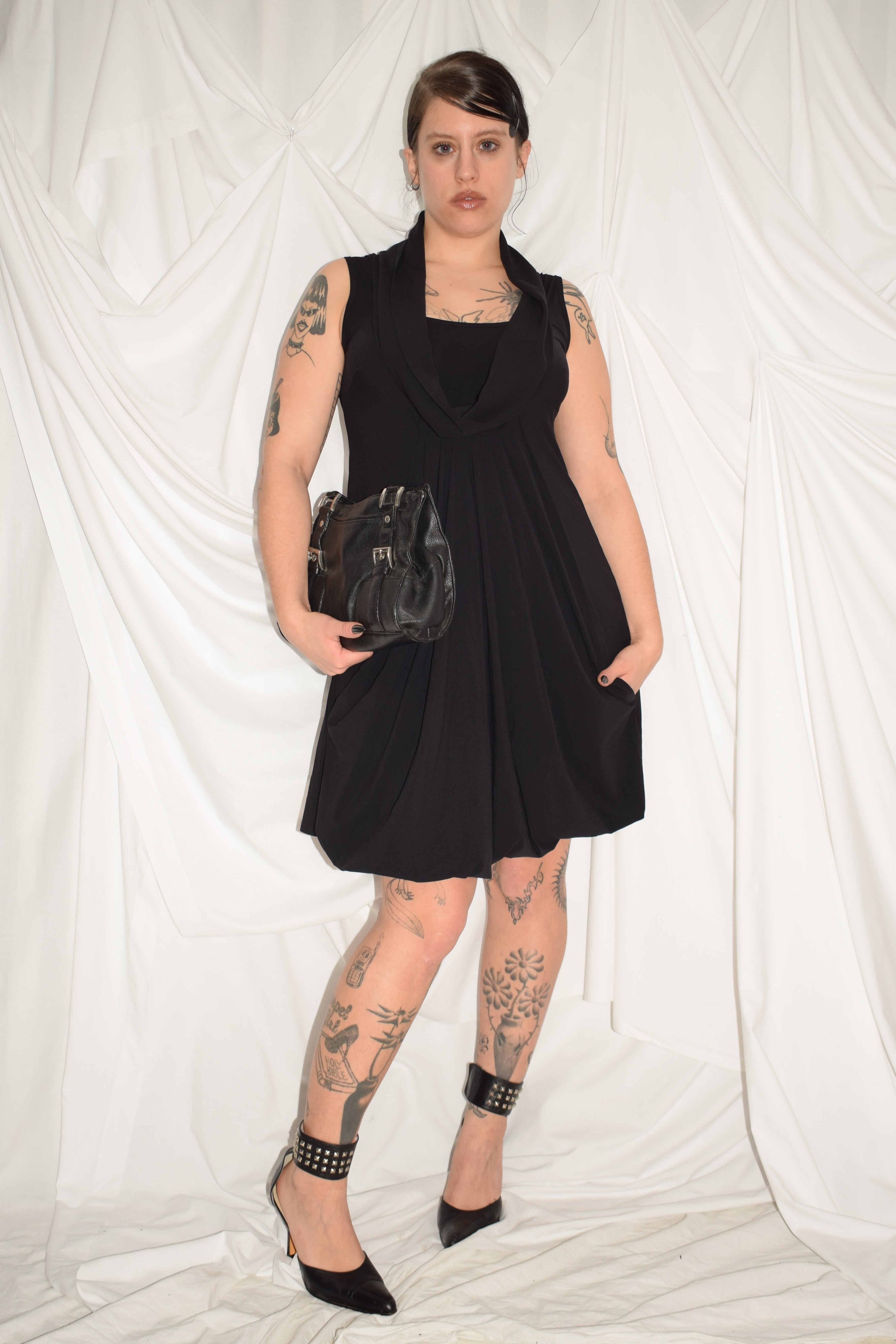 BLACK COWL NECK MIDI DRESS