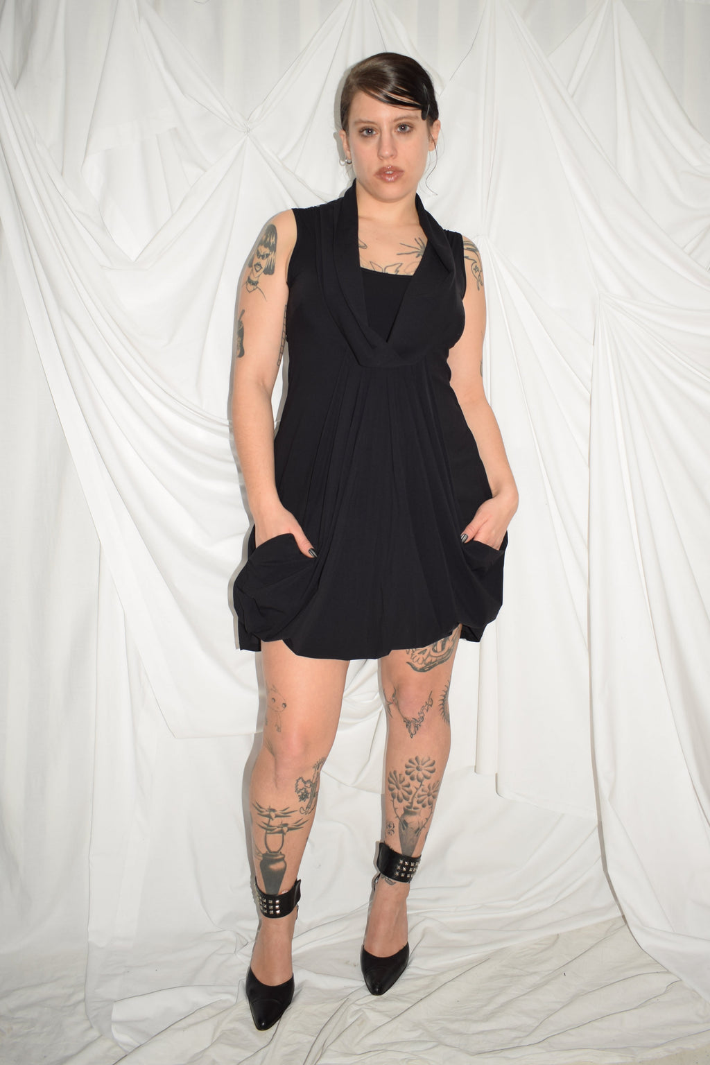 BLACK COWL NECK MIDI DRESS