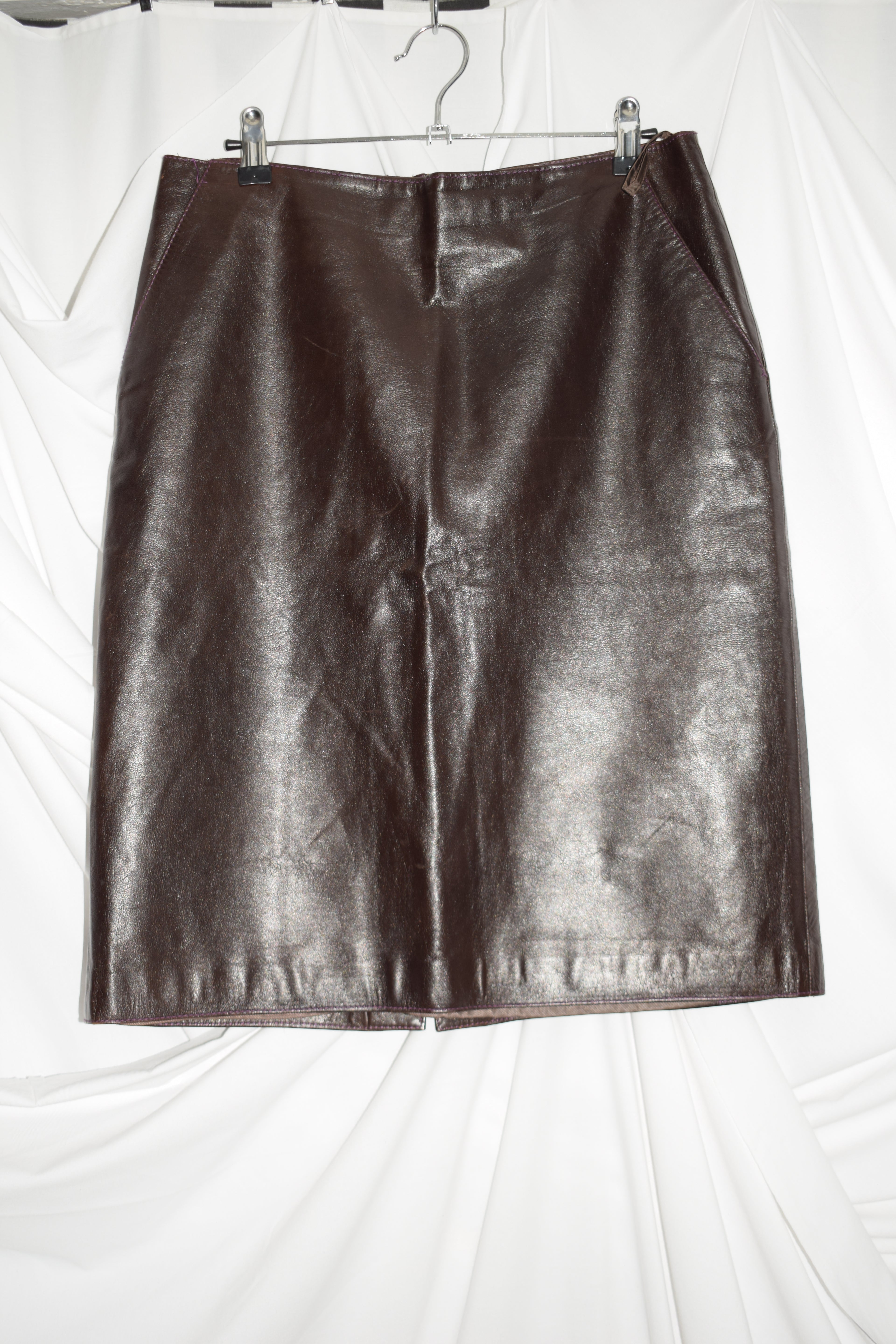MIU MIU AUBERGINE LEATHER MIDI SKIRT