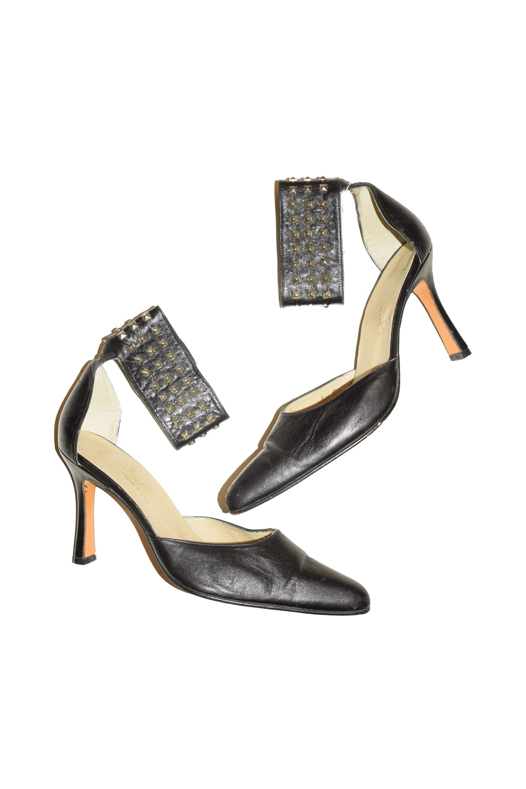 BLACK LEATHER KITTEN HEELS WITH STUD ANKLE CUFFS