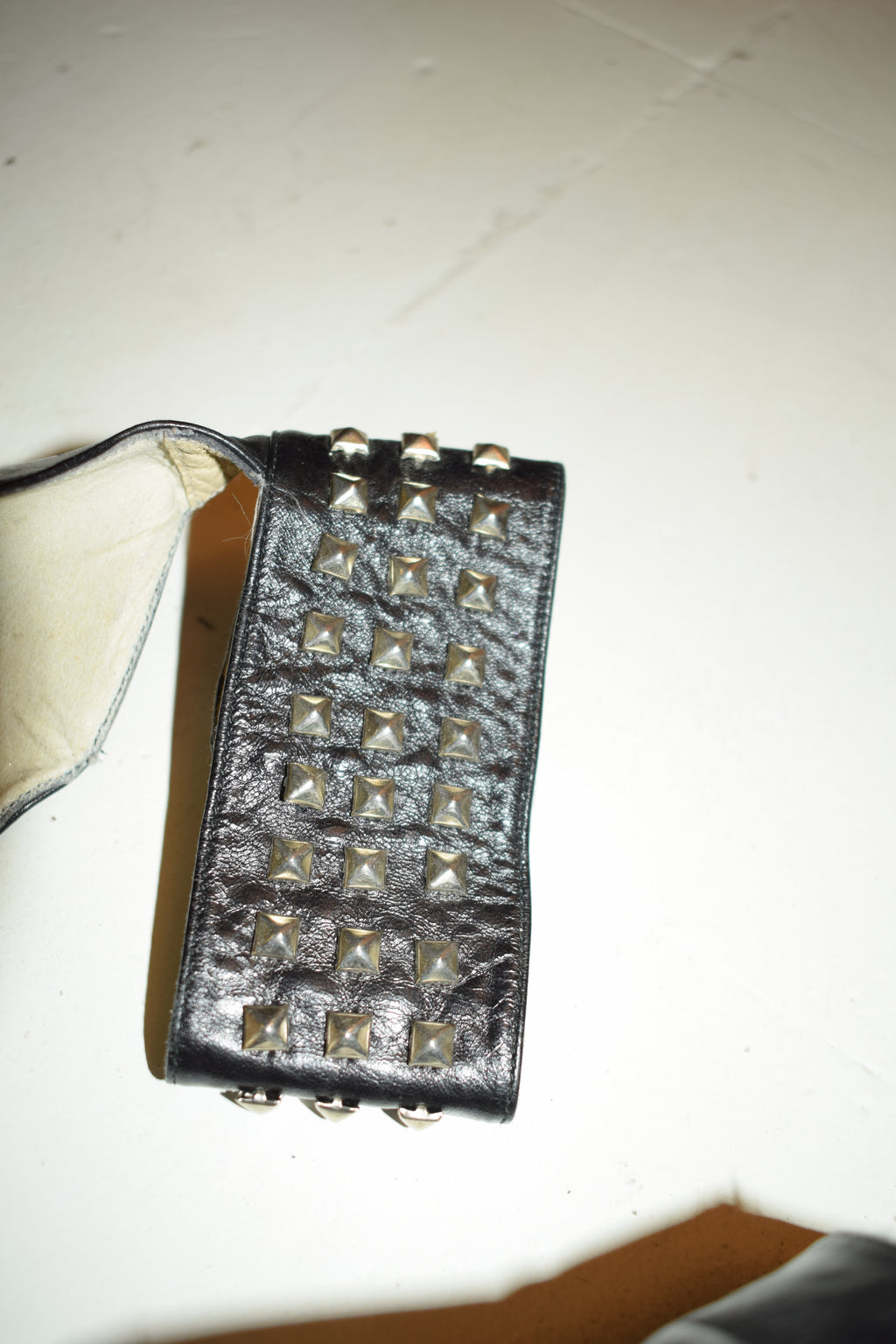 BLACK LEATHER KITTEN HEELS WITH STUD ANKLE CUFFS