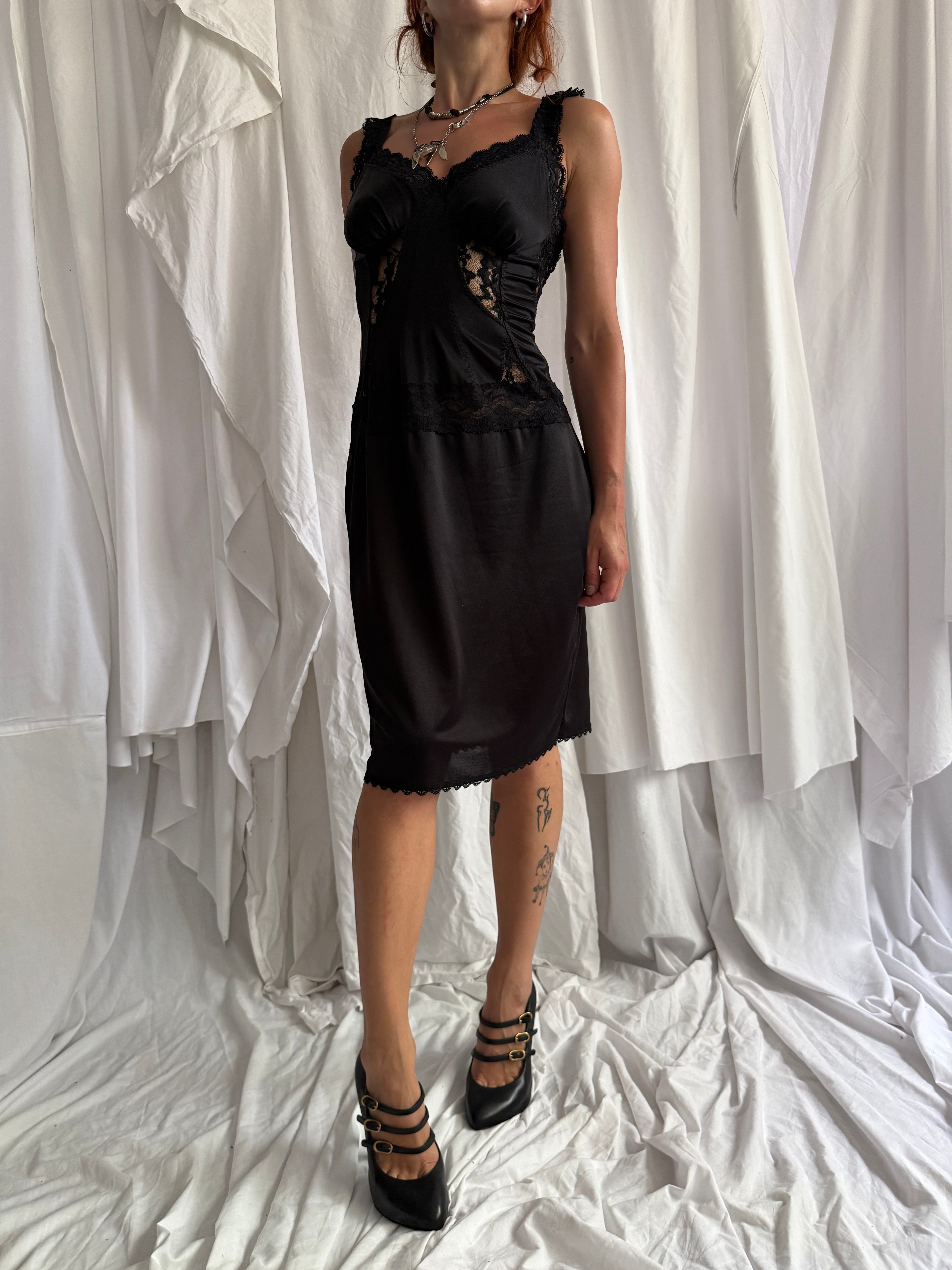 BLACK SATIN LACE MIDI SLIP DRESS