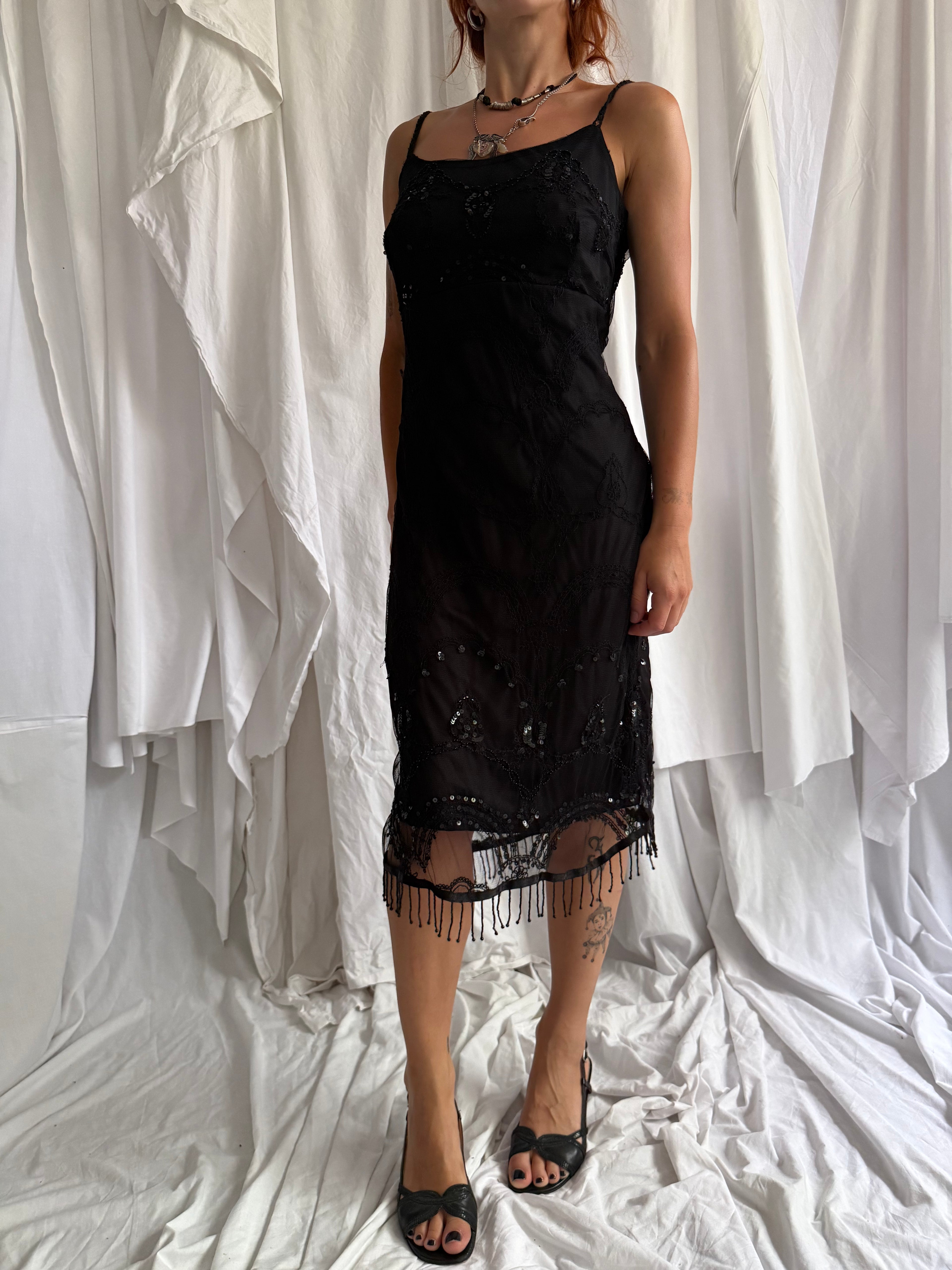 BLACK DRESS WITH BEADED FRINGE