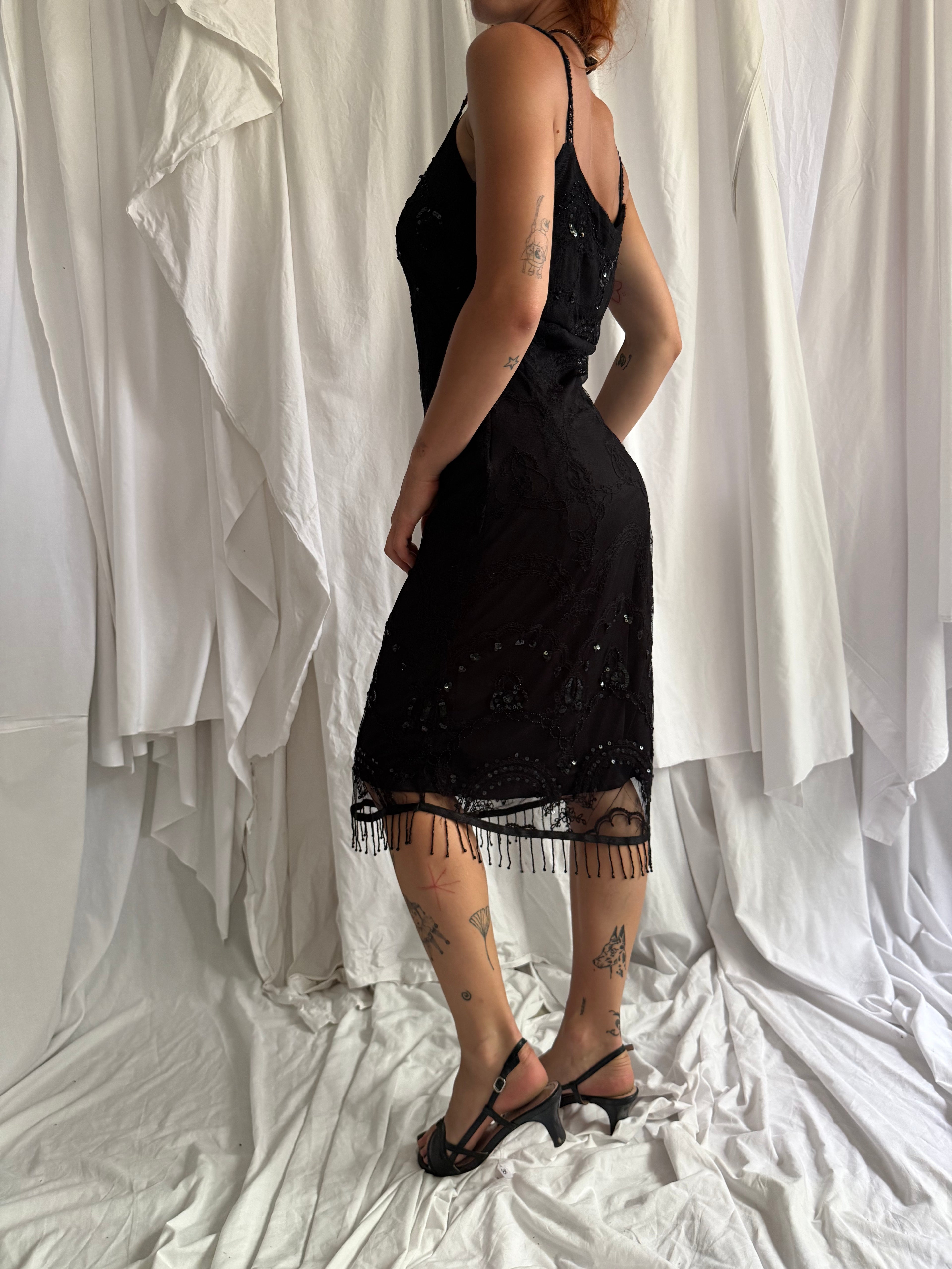 BLACK DRESS WITH BEADED FRINGE