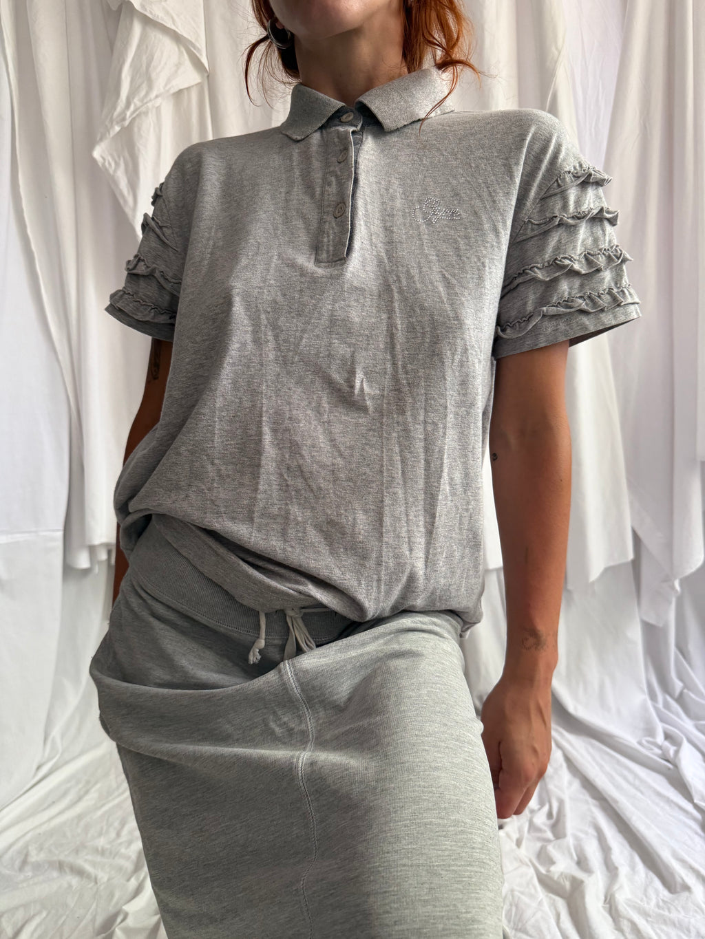 GREY RUFFLE SLEEVE POLO TOP