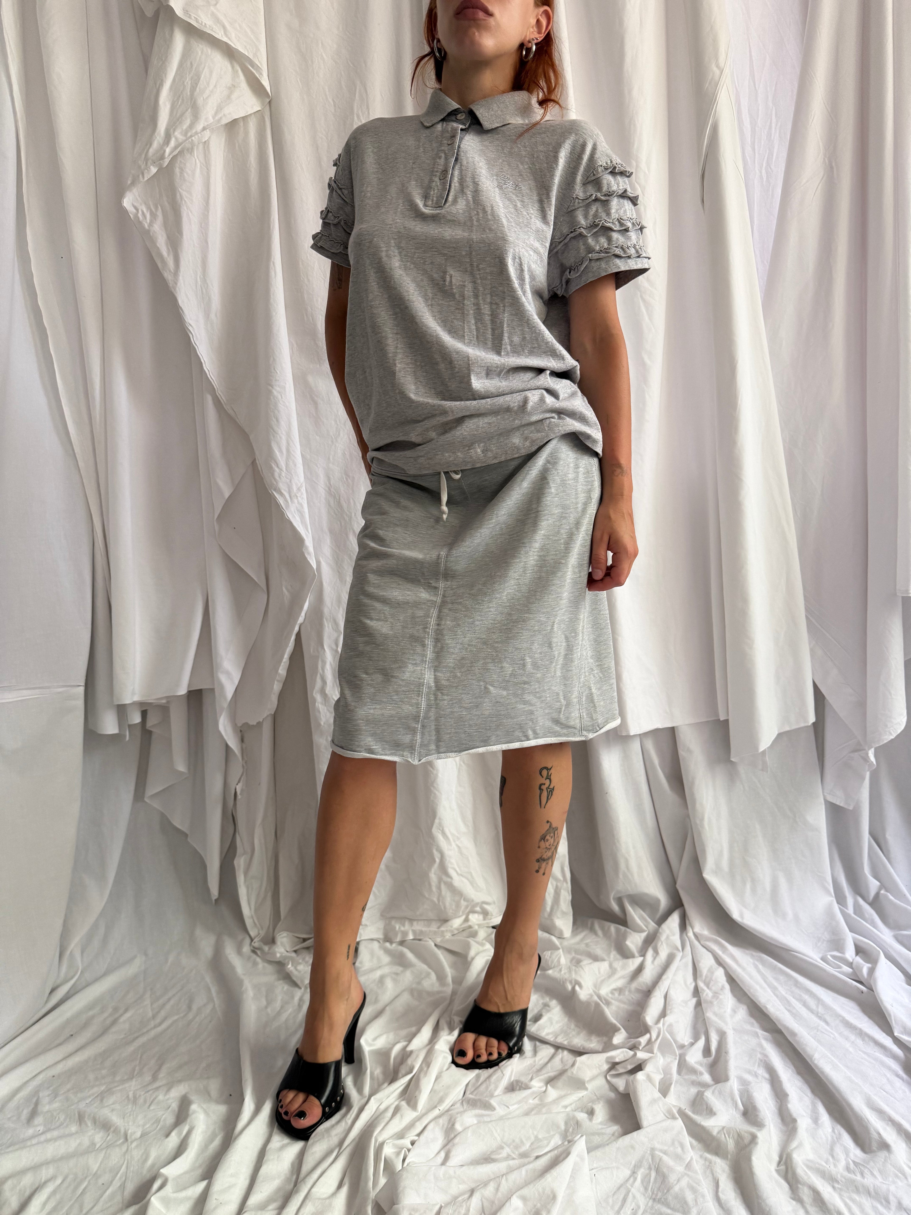 GREY RUFFLE SLEEVE POLO TOP