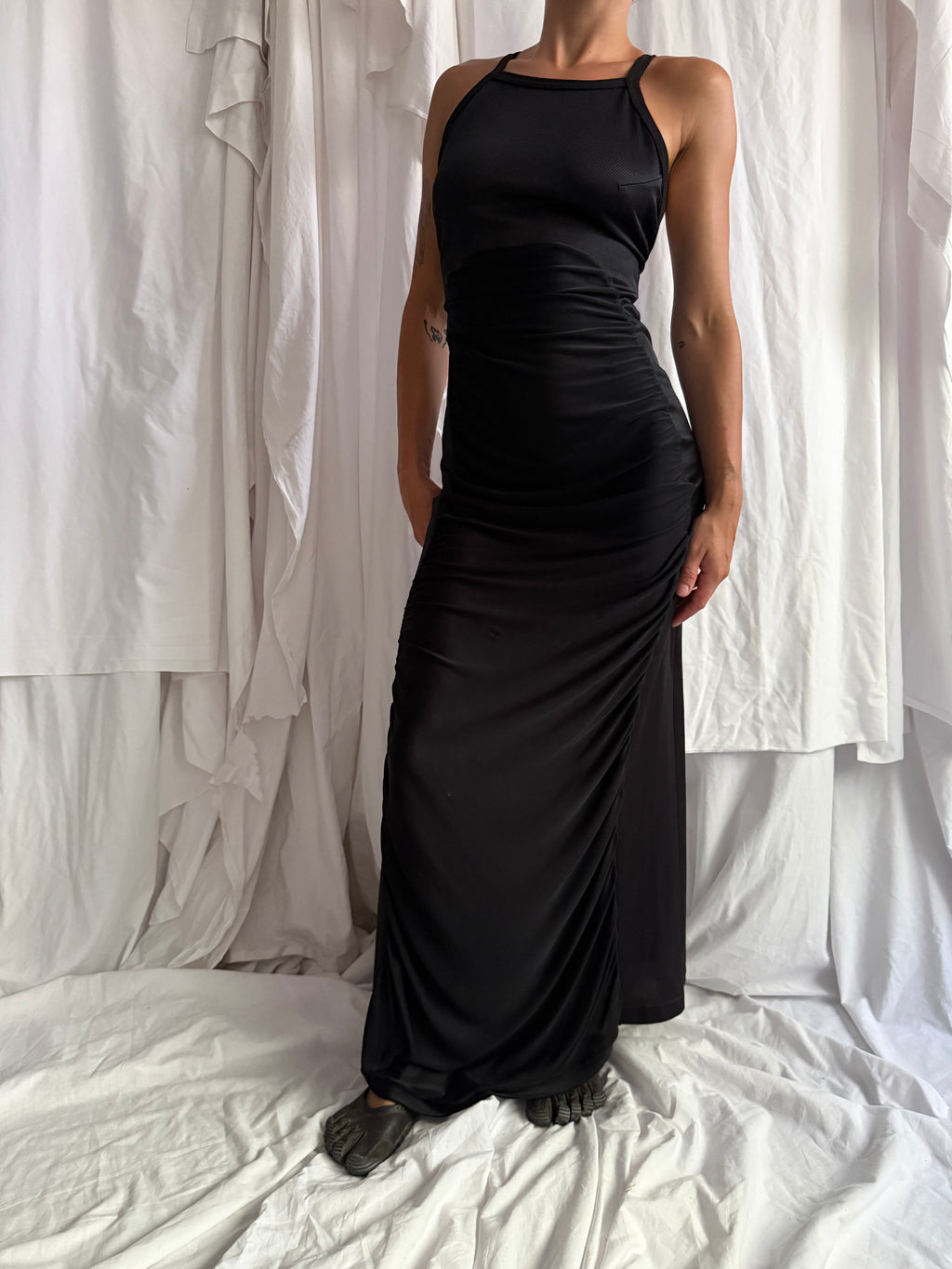 BLACK RUCHED MAXI DRESS