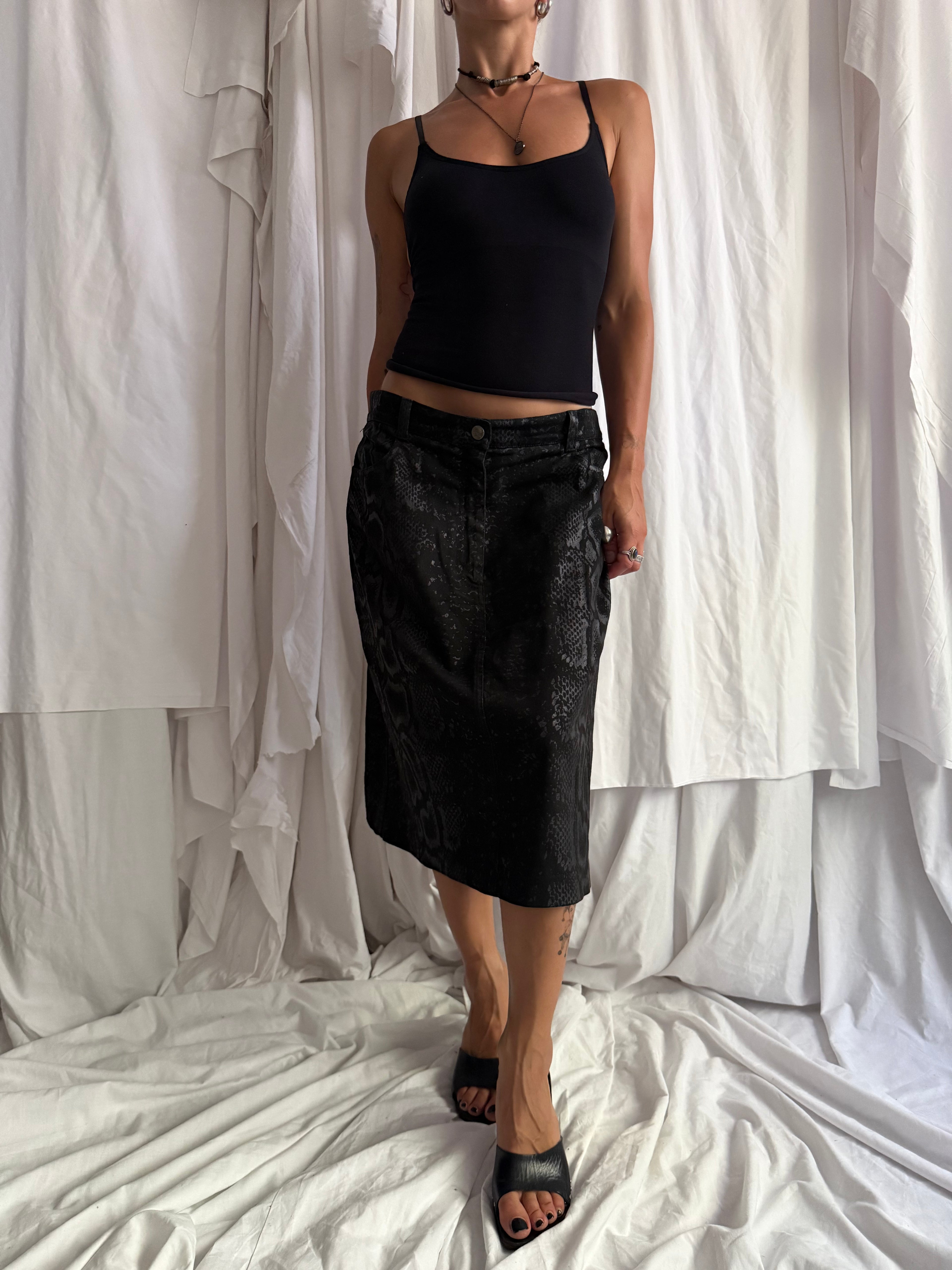 JUST CAVALLI BLACK SNAKESKIN PRINT MIDI SKIRT