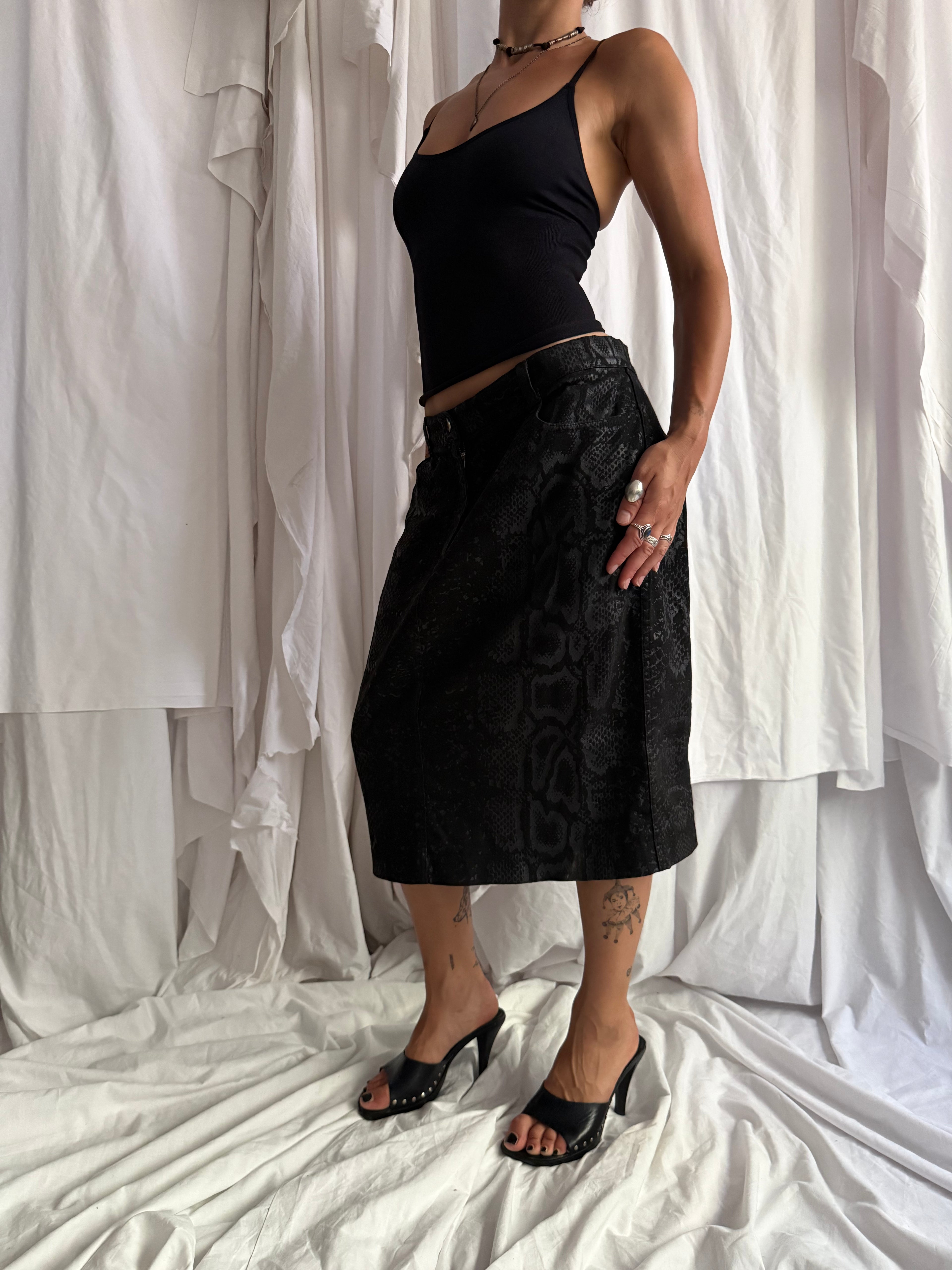 JUST CAVALLI BLACK SNAKESKIN PRINT MIDI SKIRT
