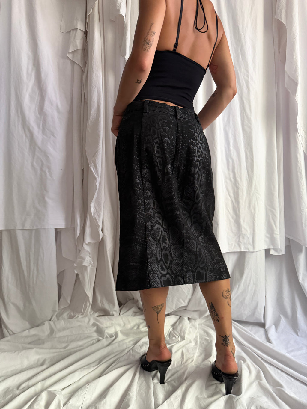 JUST CAVALLI BLACK SNAKESKIN PRINT MIDI SKIRT