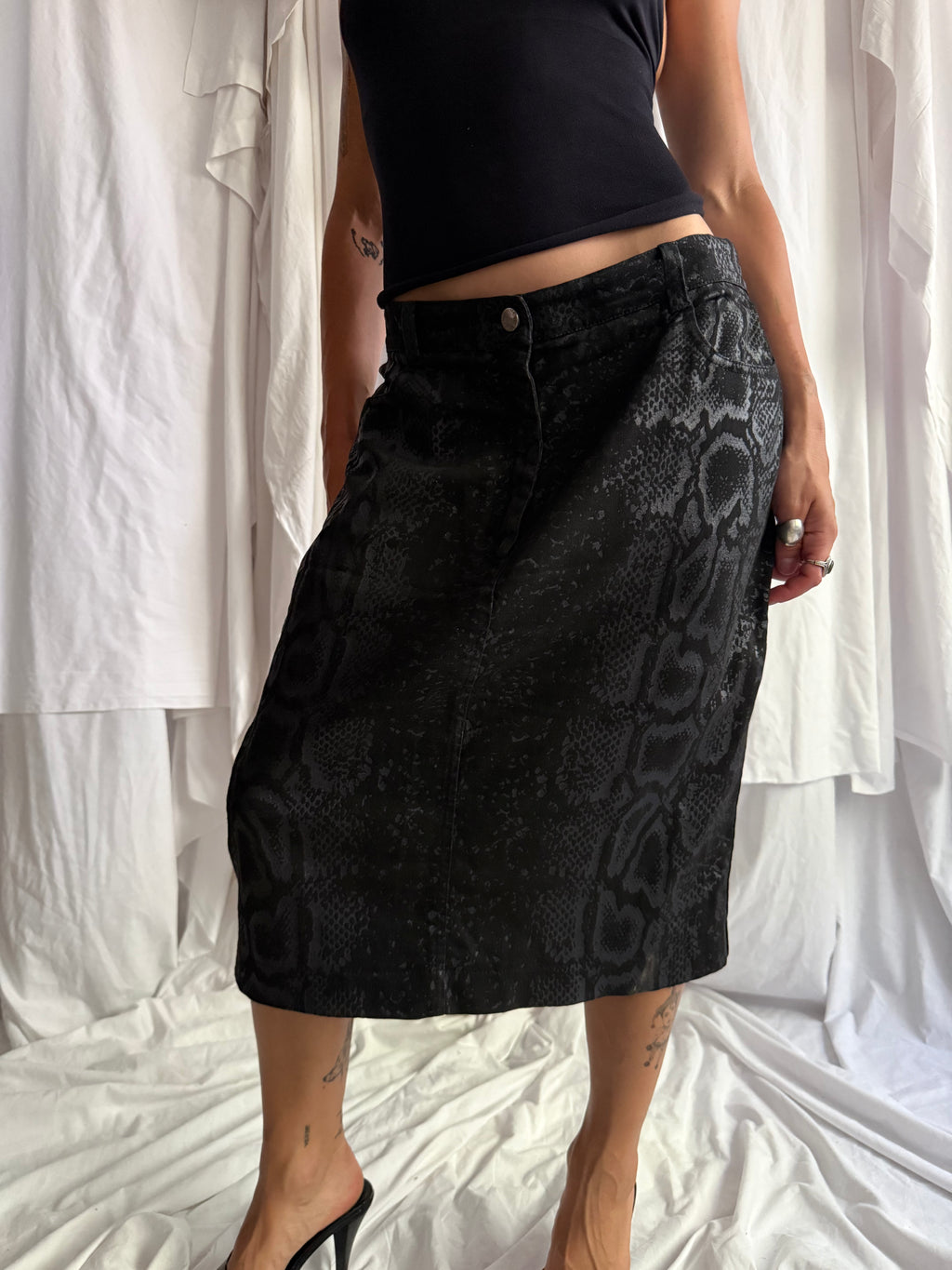 JUST CAVALLI BLACK SNAKESKIN PRINT MIDI SKIRT