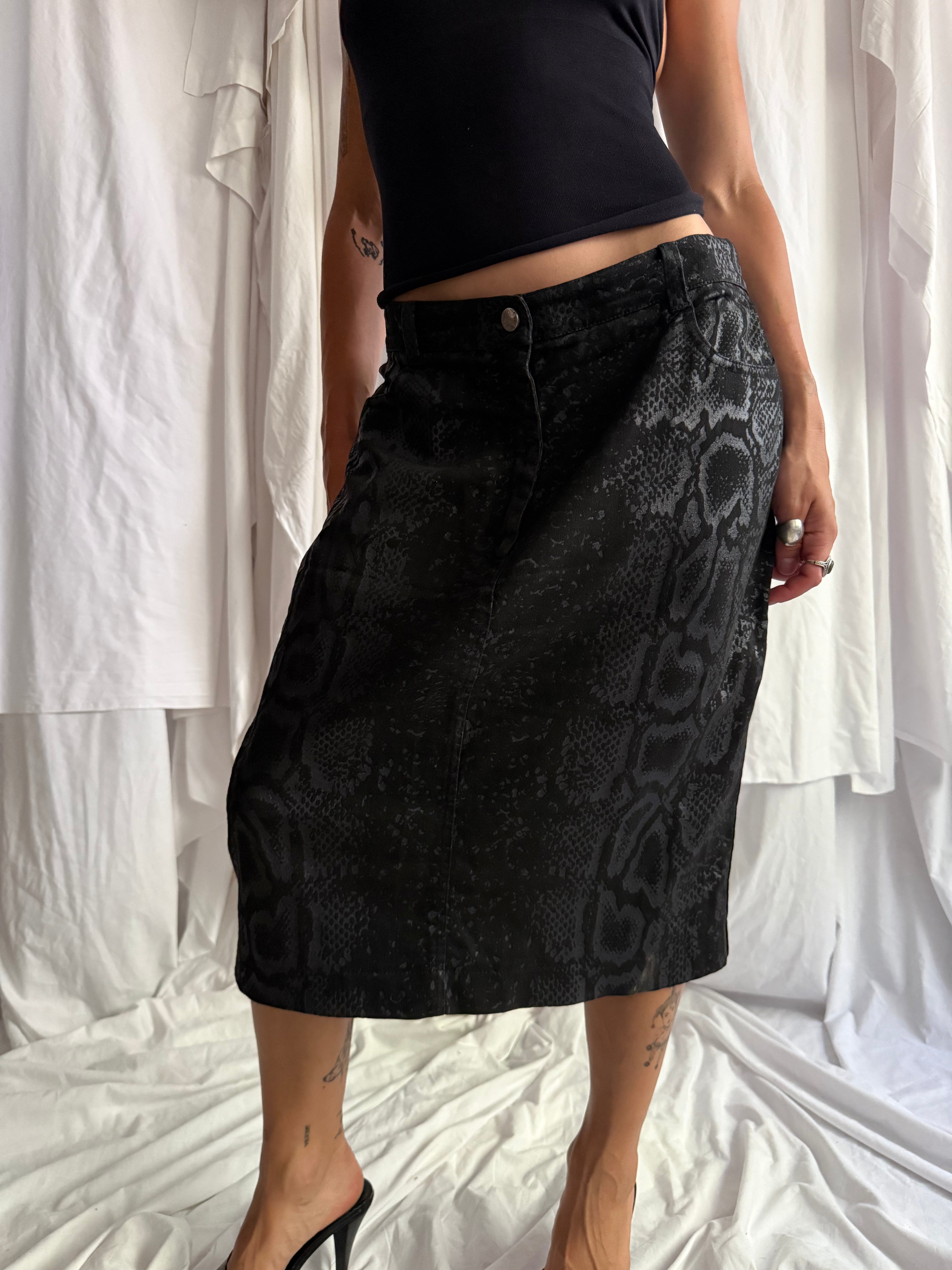 JUST CAVALLI BLACK SNAKESKIN PRINT MIDI SKIRT
