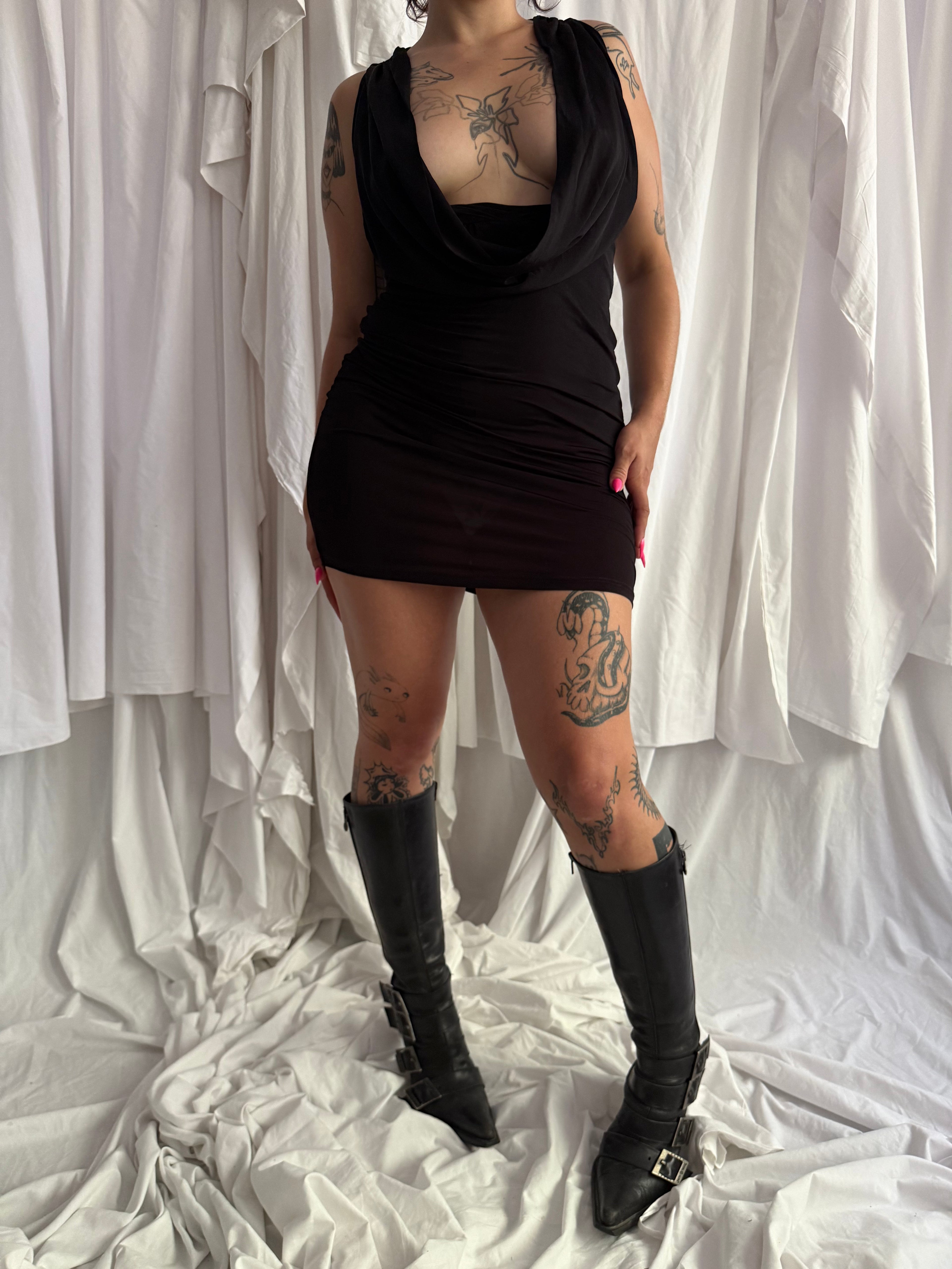 BLACK COWL NECK BODYCON MINI DRESS