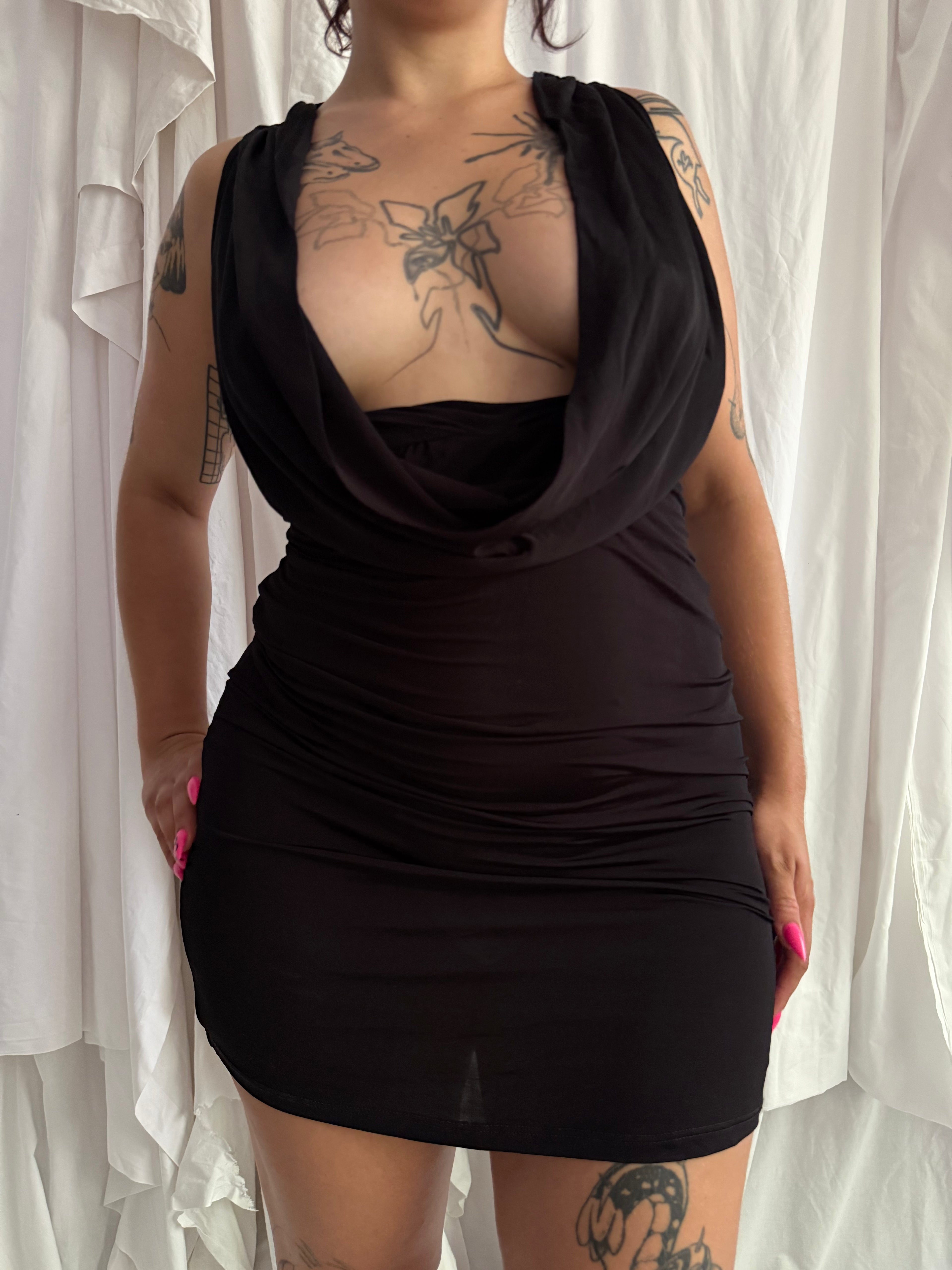 BLACK COWL NECK BODYCON MINI DRESS