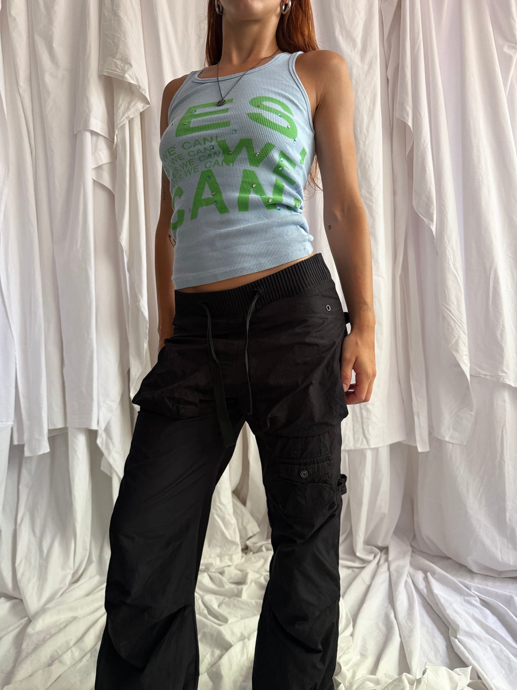 LIGHT BLUE RHINESTONE SLOGAN RIBBED TANK TOP
