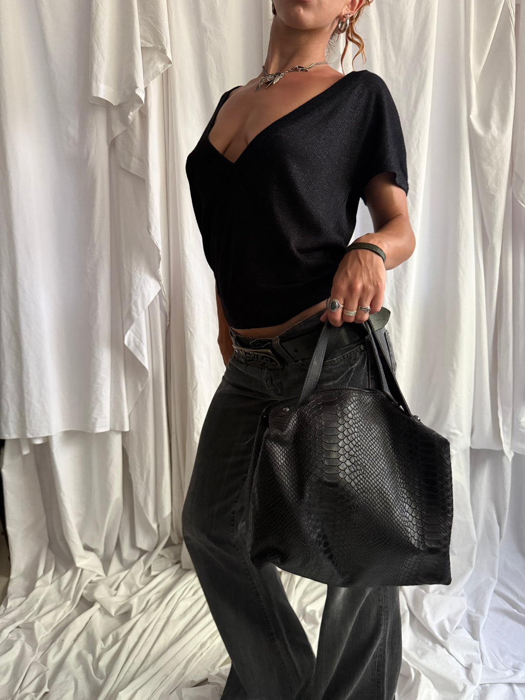 BLACK PYTHON TOTE BAG
