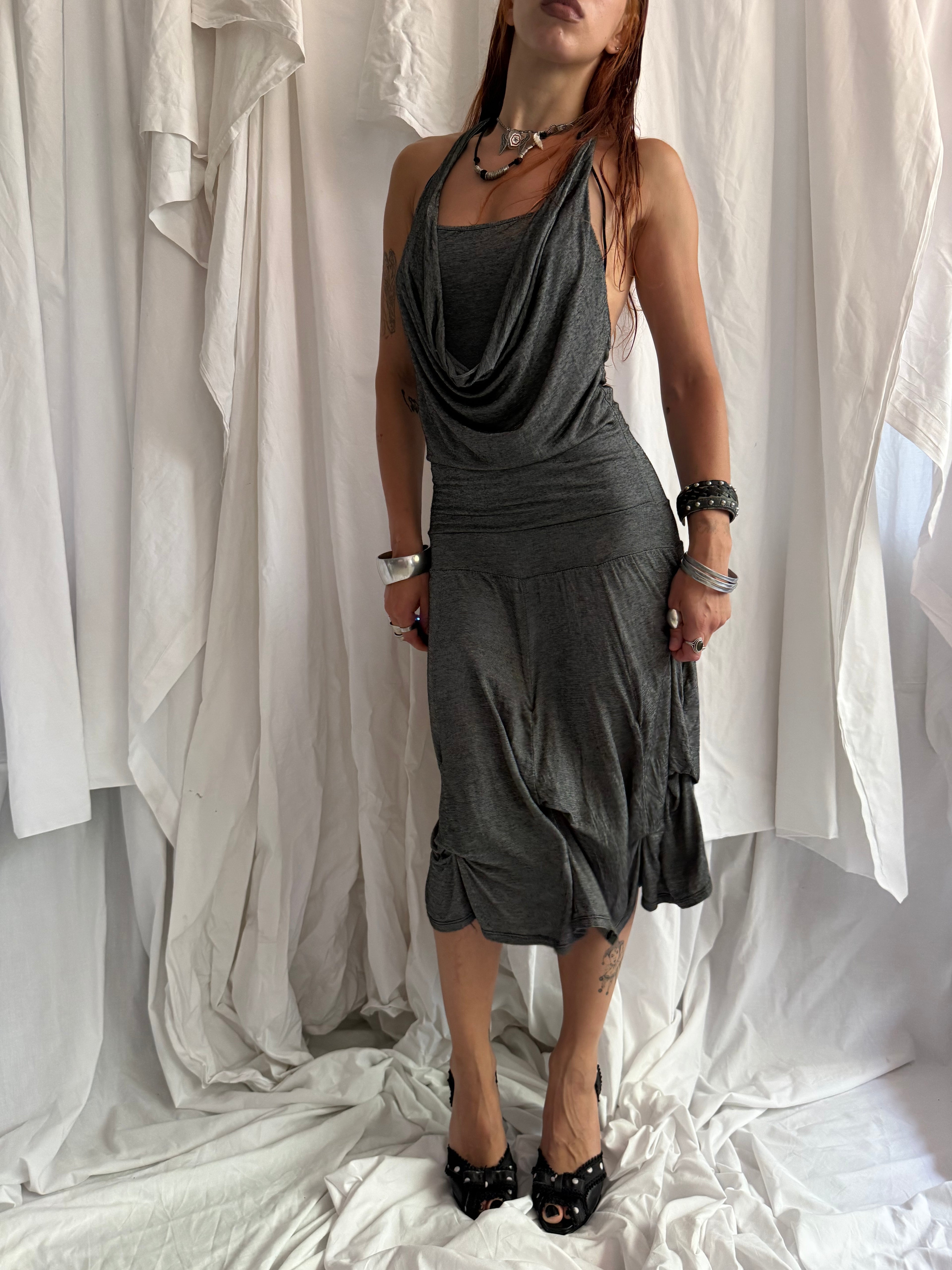 CHARCOAL GREY PINSTRIPE HALTER NECK MIDI DRESS