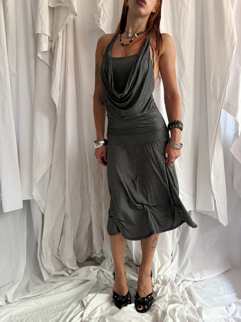 CHARCOAL GREY PINSTRIPE HALTER NECK MIDI DRESS