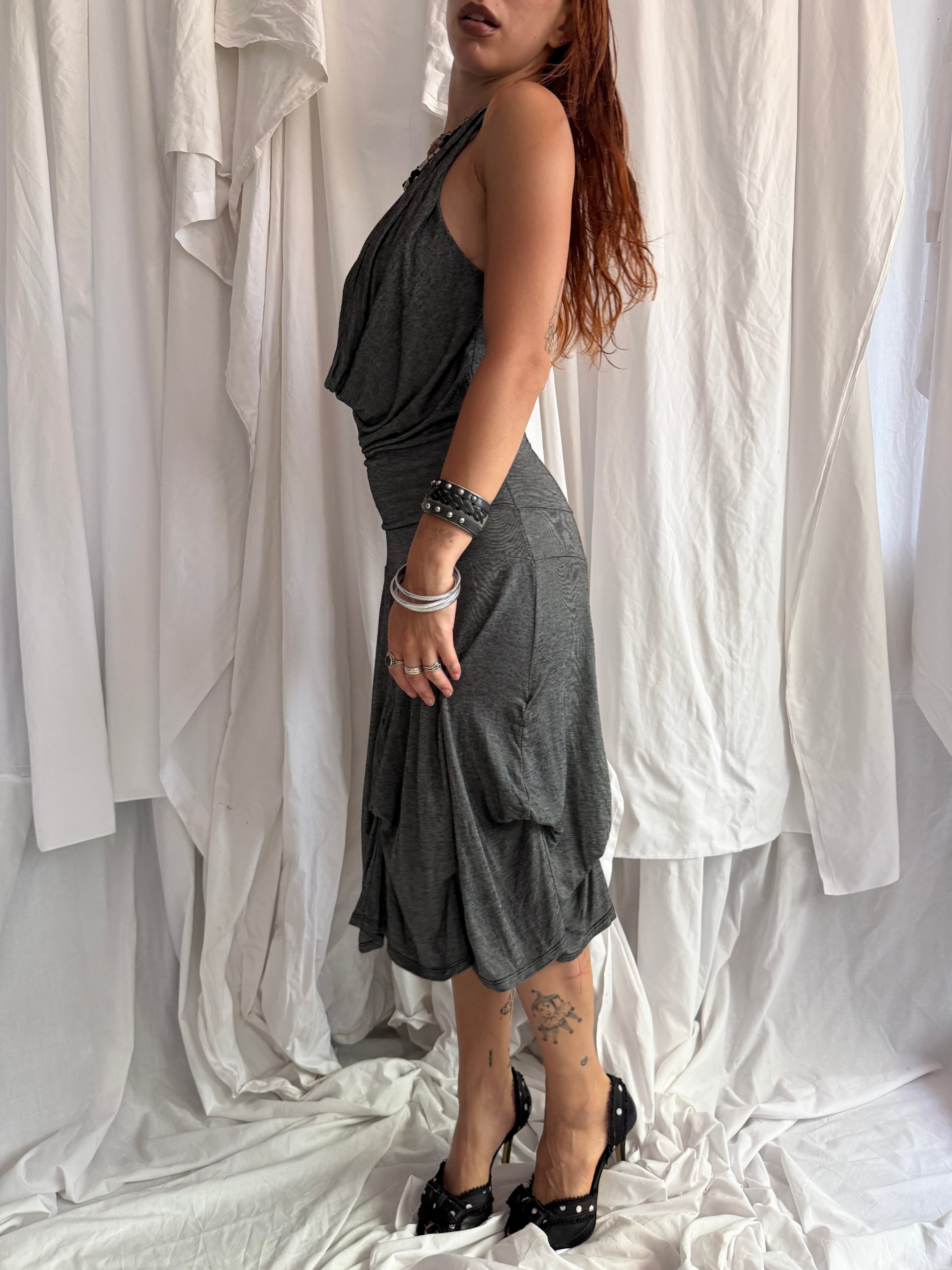 CHARCOAL GREY PINSTRIPE HALTER NECK MIDI DRESS
