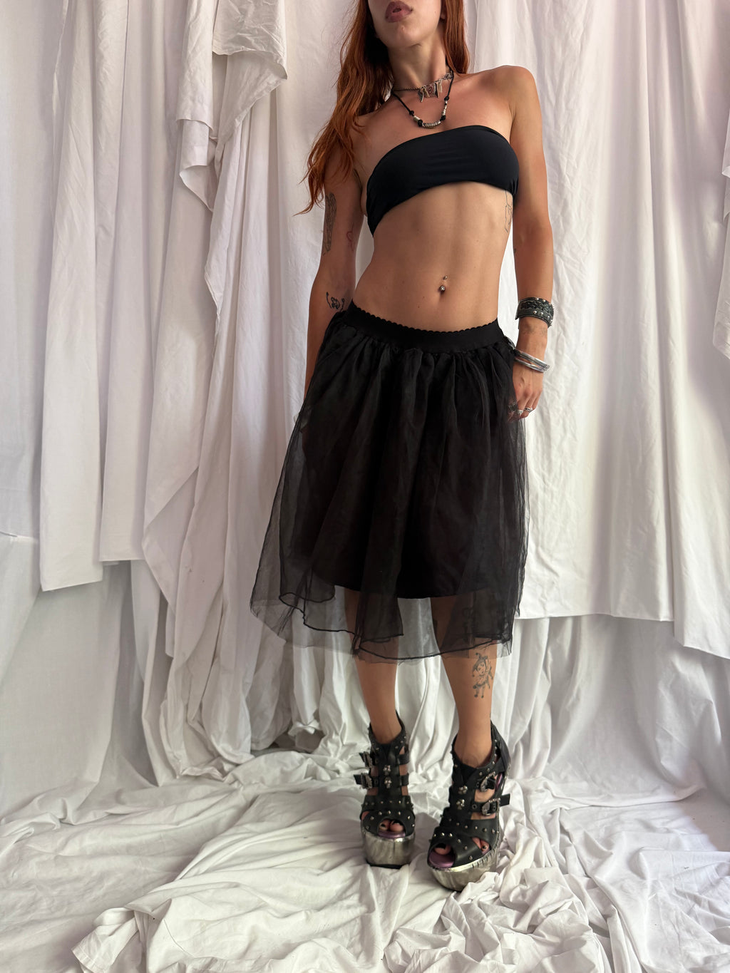 BLACK TULLE MIDI SKIRT