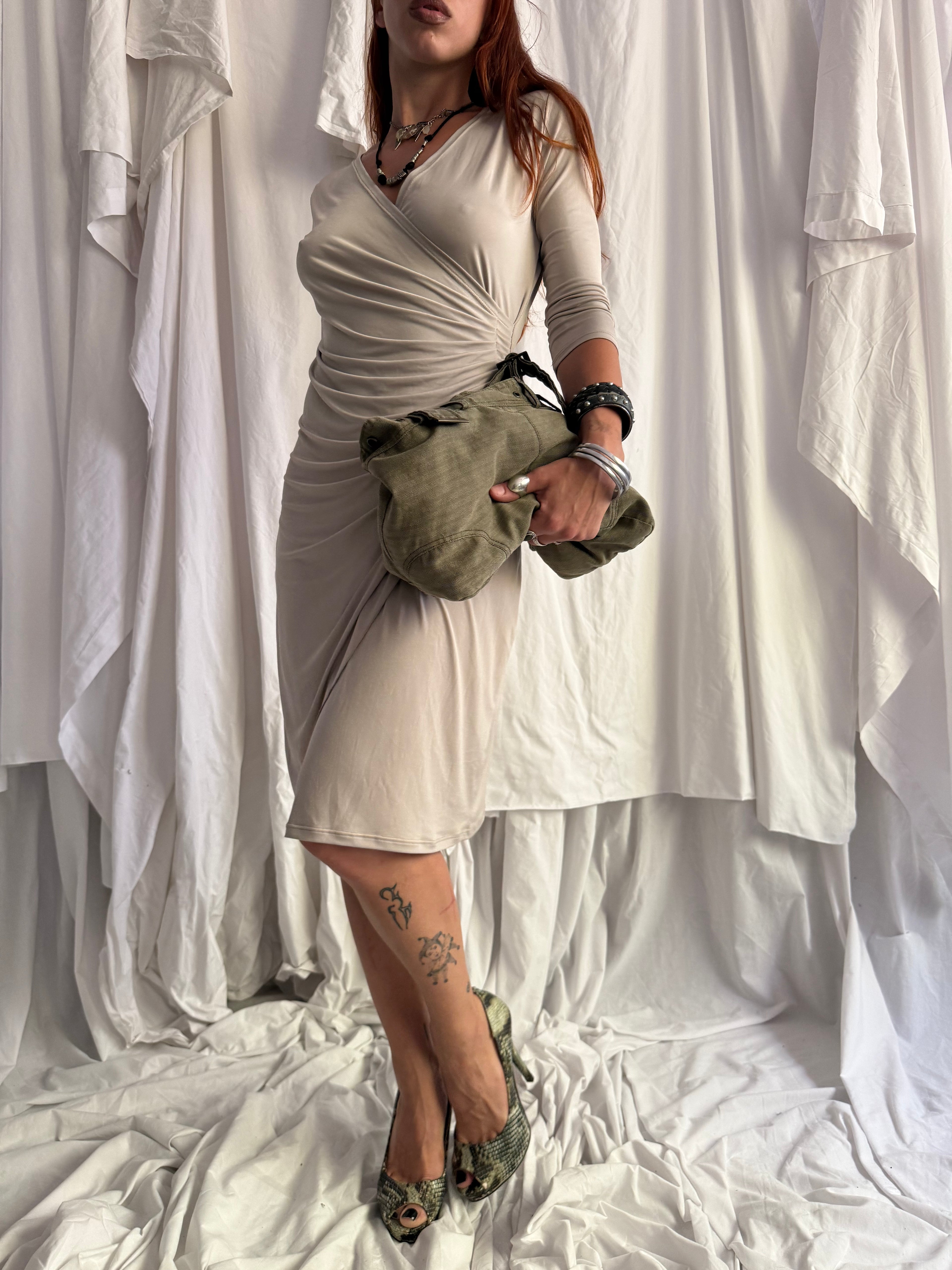 DRAPED V-NECK FITTED MIDI DRESS