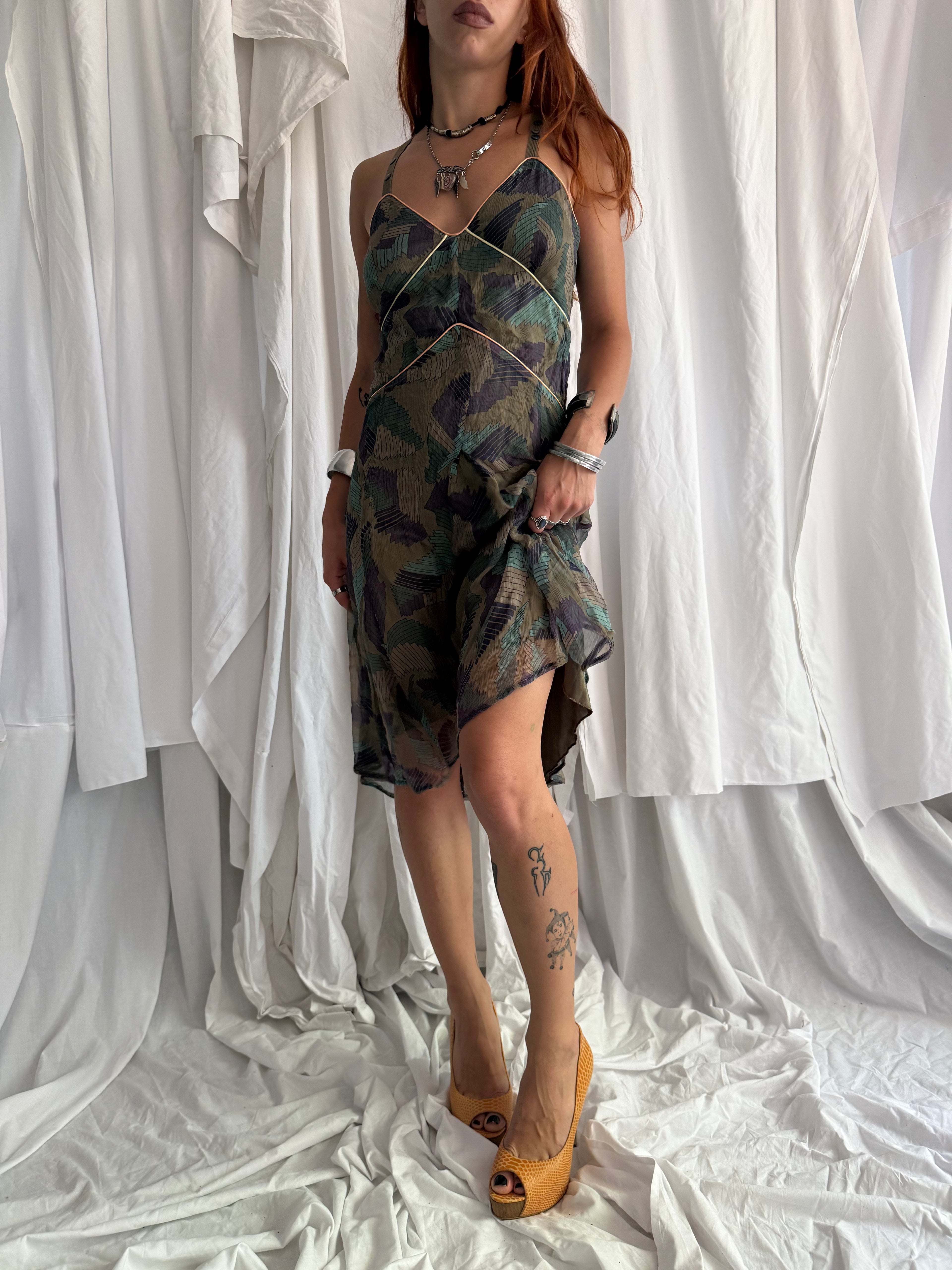 DIESEL ABSTRACT PRINT MESH MIDI DRESS