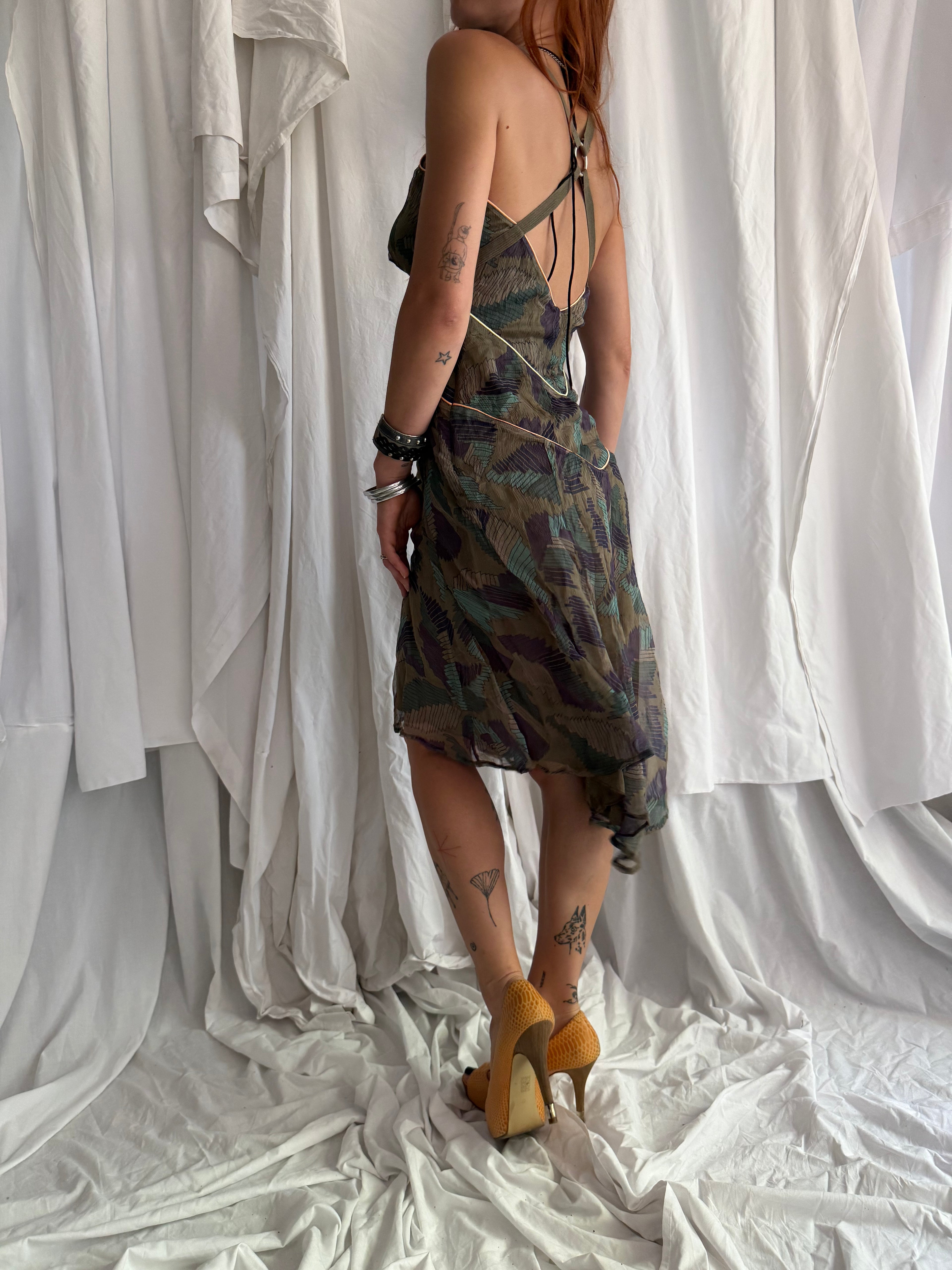 DIESEL ABSTRACT PRINT MESH MIDI DRESS