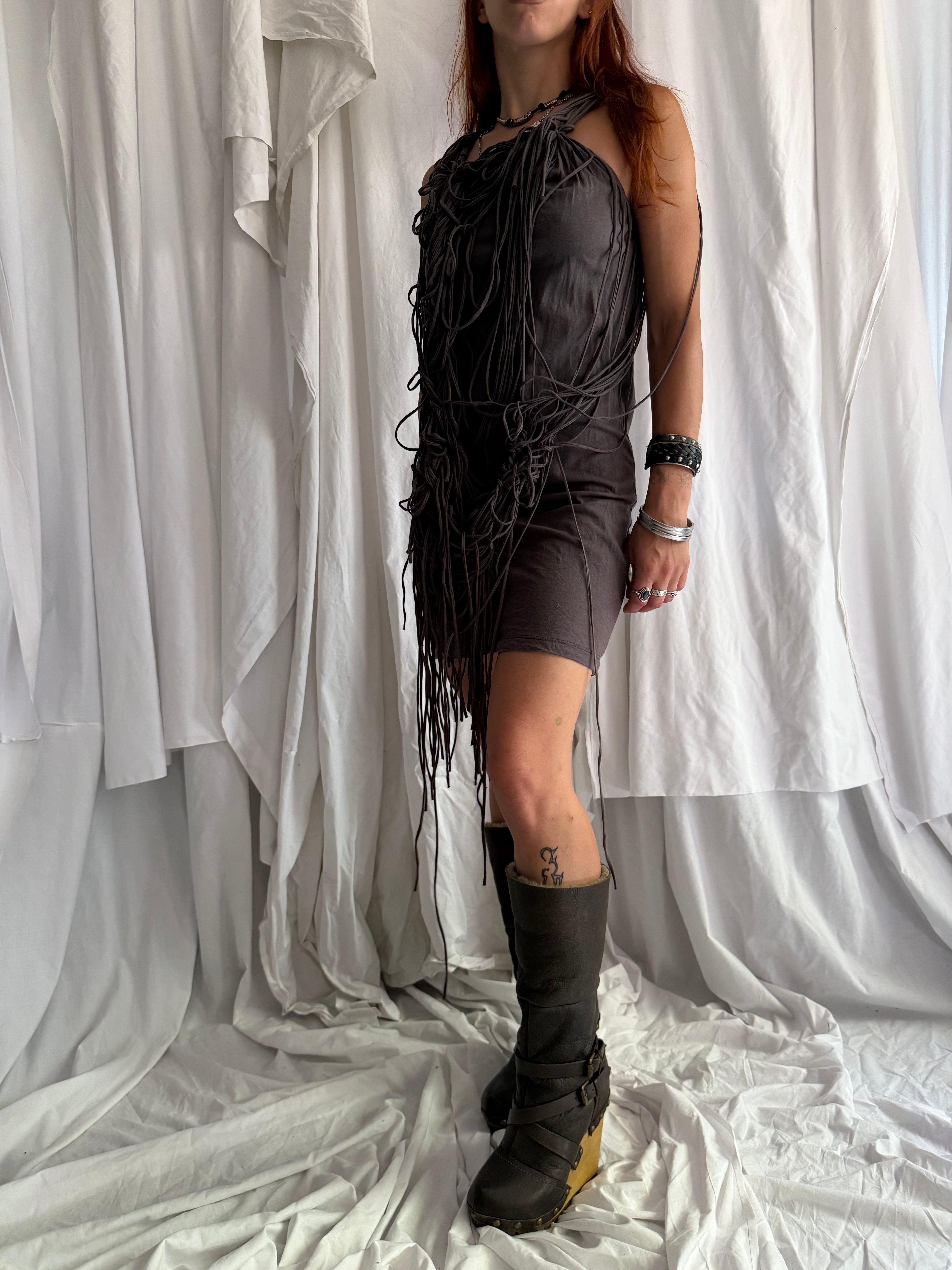 GREY FRINGE MINI DRESS