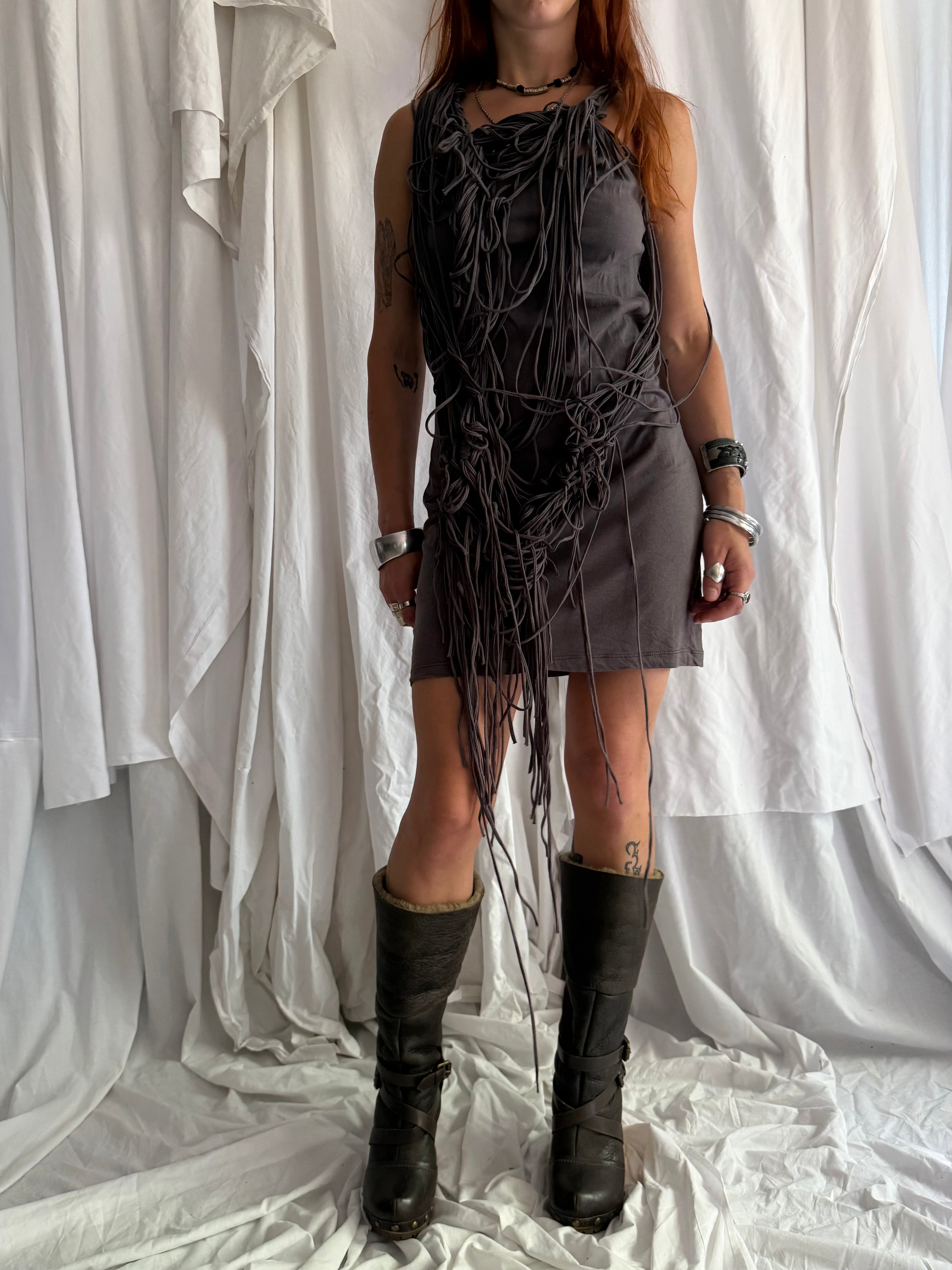 GREY FRINGE MINI DRESS