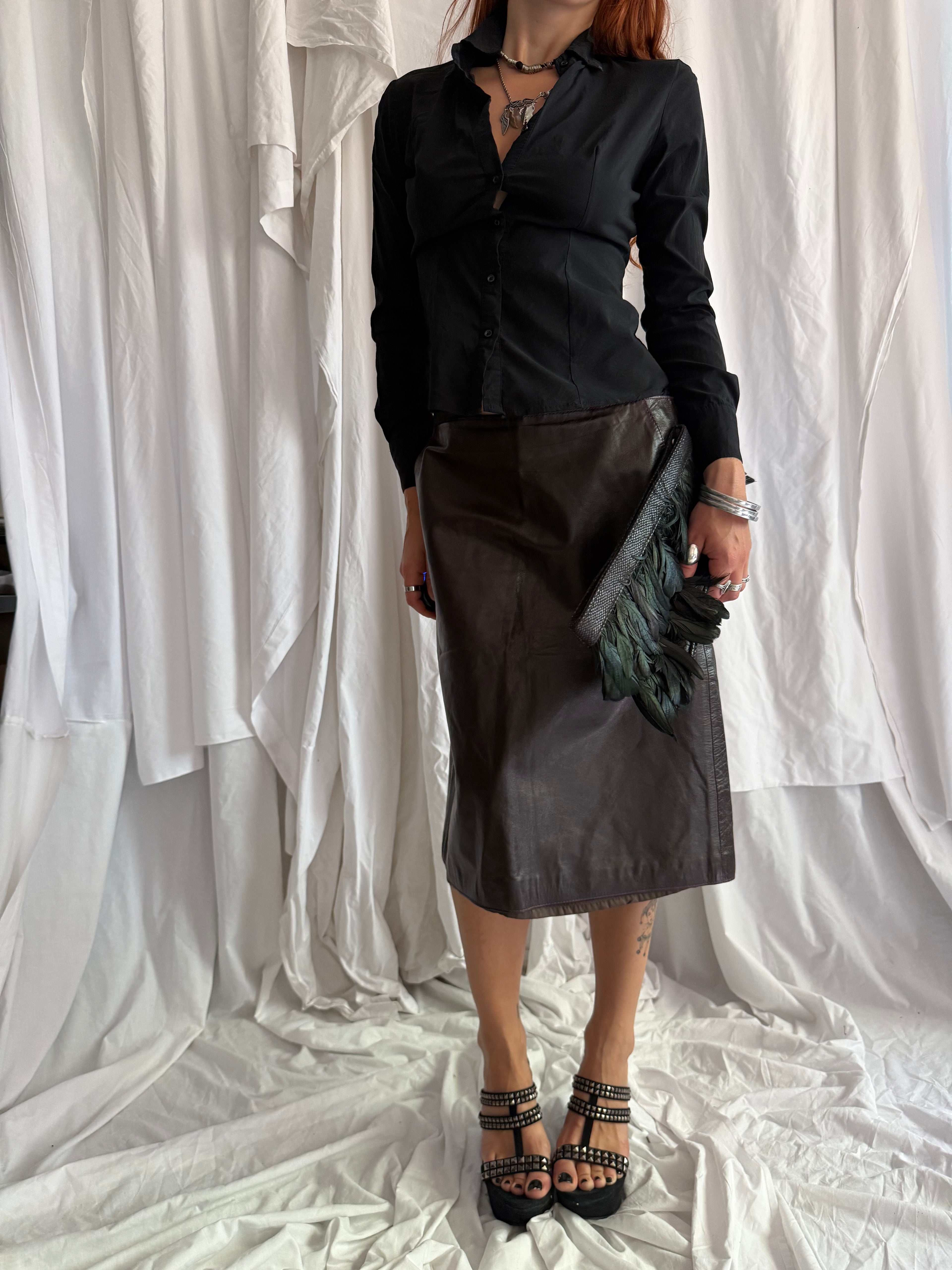 DARK BROWN/AUBERGINE MIU MIU LEATHER MIDI SKIRT