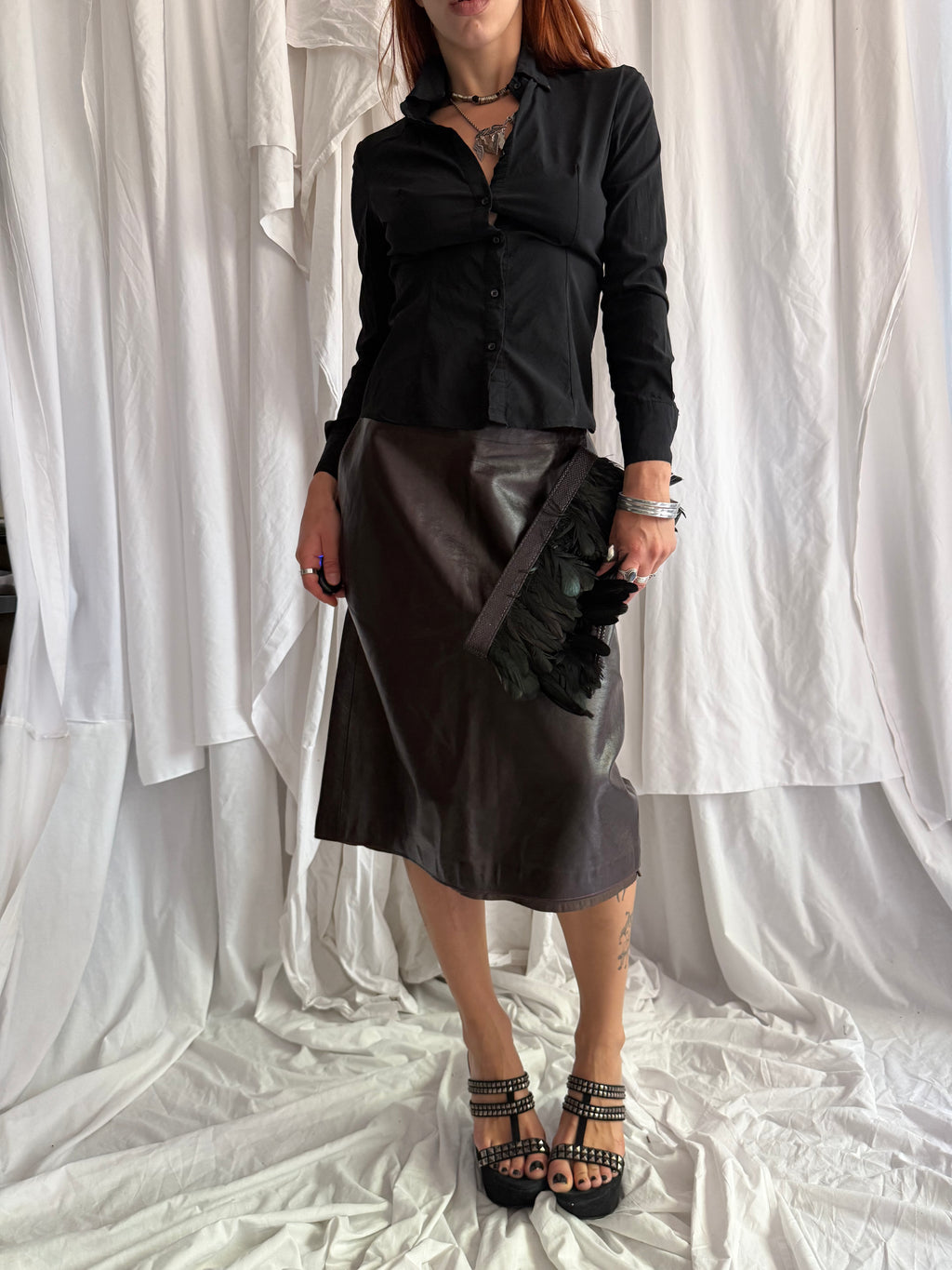 DARK BROWN/AUBERGINE MIU MIU LEATHER MIDI SKIRT