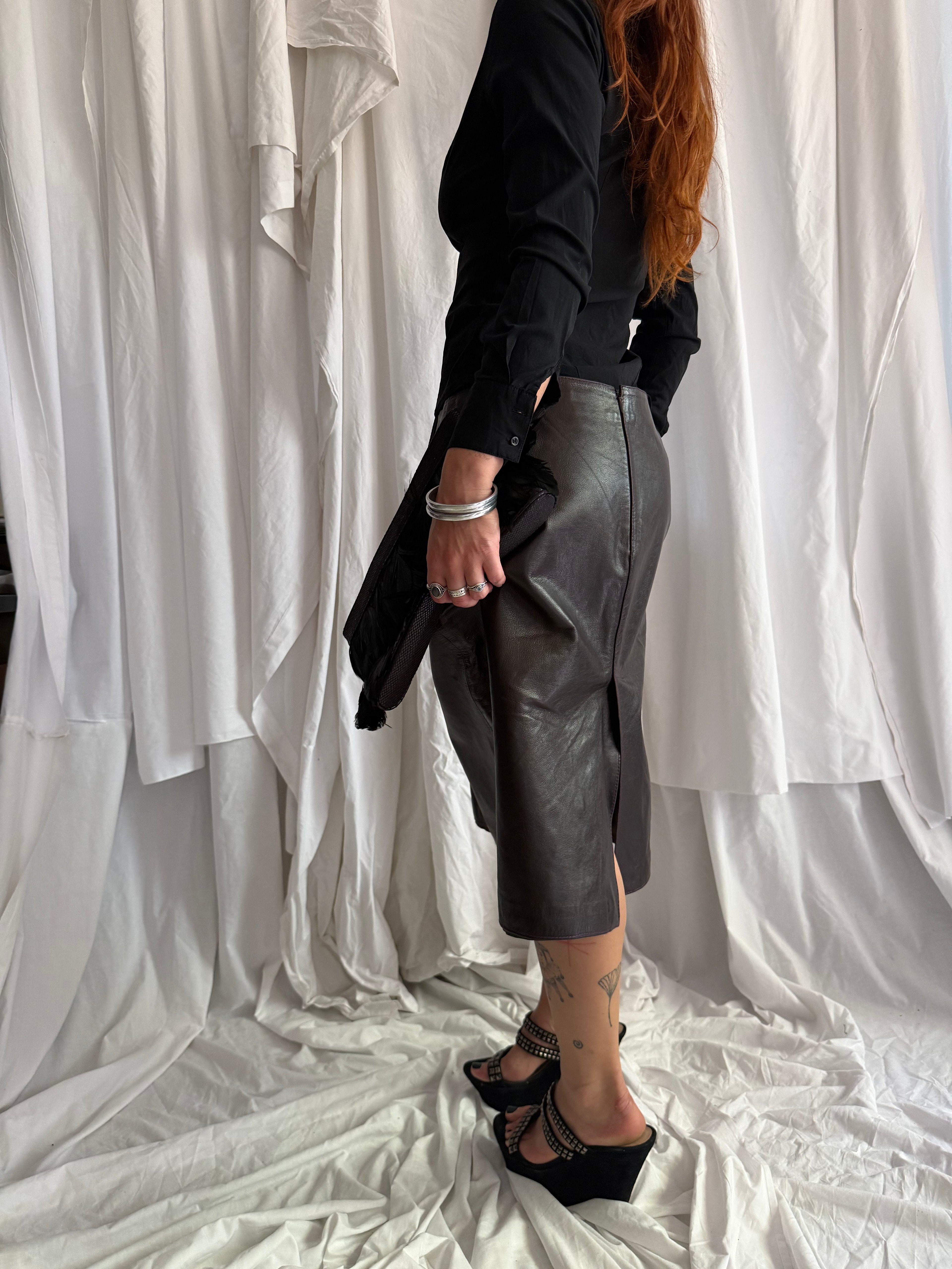 DARK BROWN/AUBERGINE MIU MIU LEATHER MIDI SKIRT