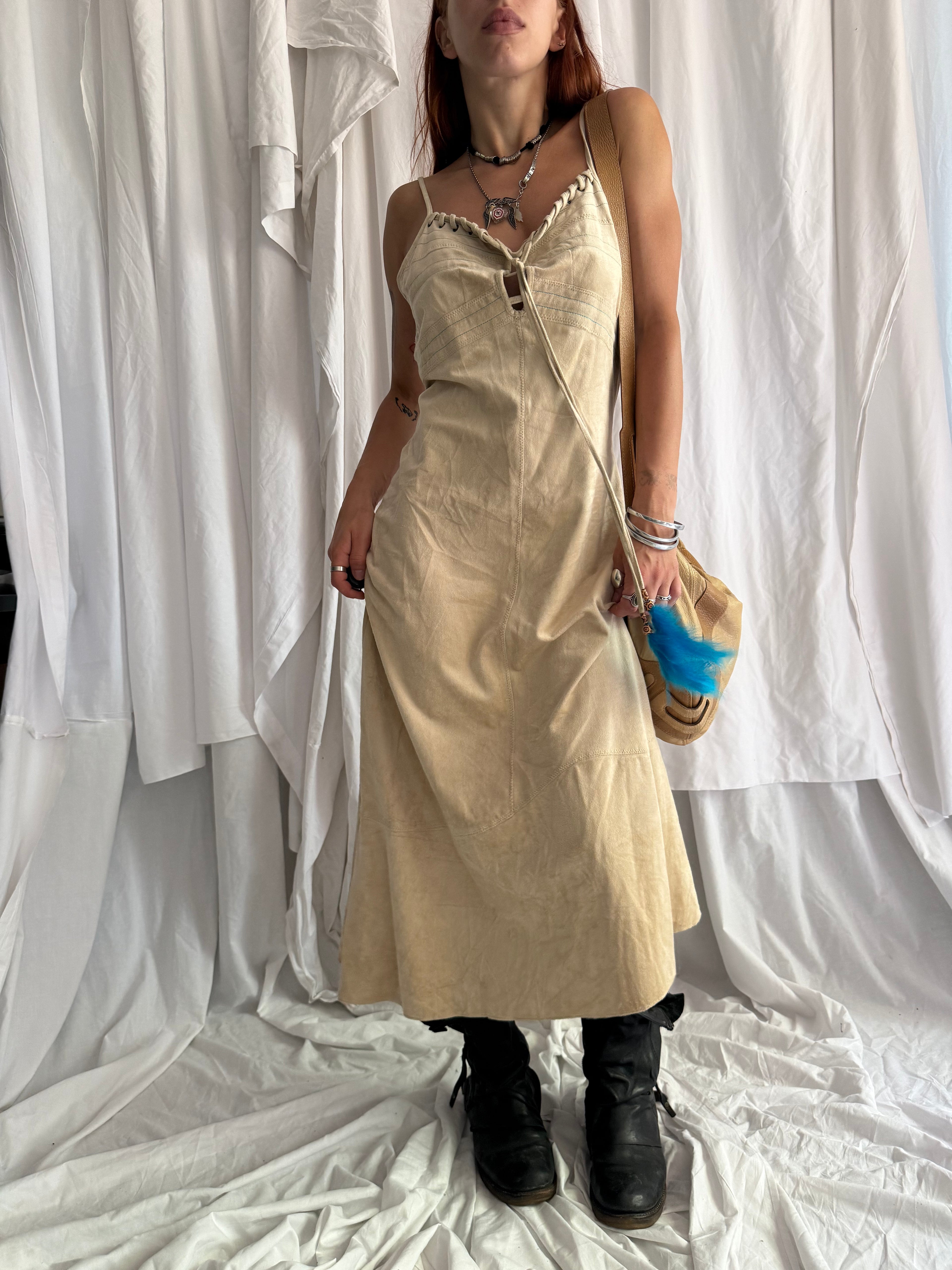 BEIGE ASYMMETRIC BOHO MIDI DRESS WITH BLUE FEATHER DETAIL – what you do with what you have