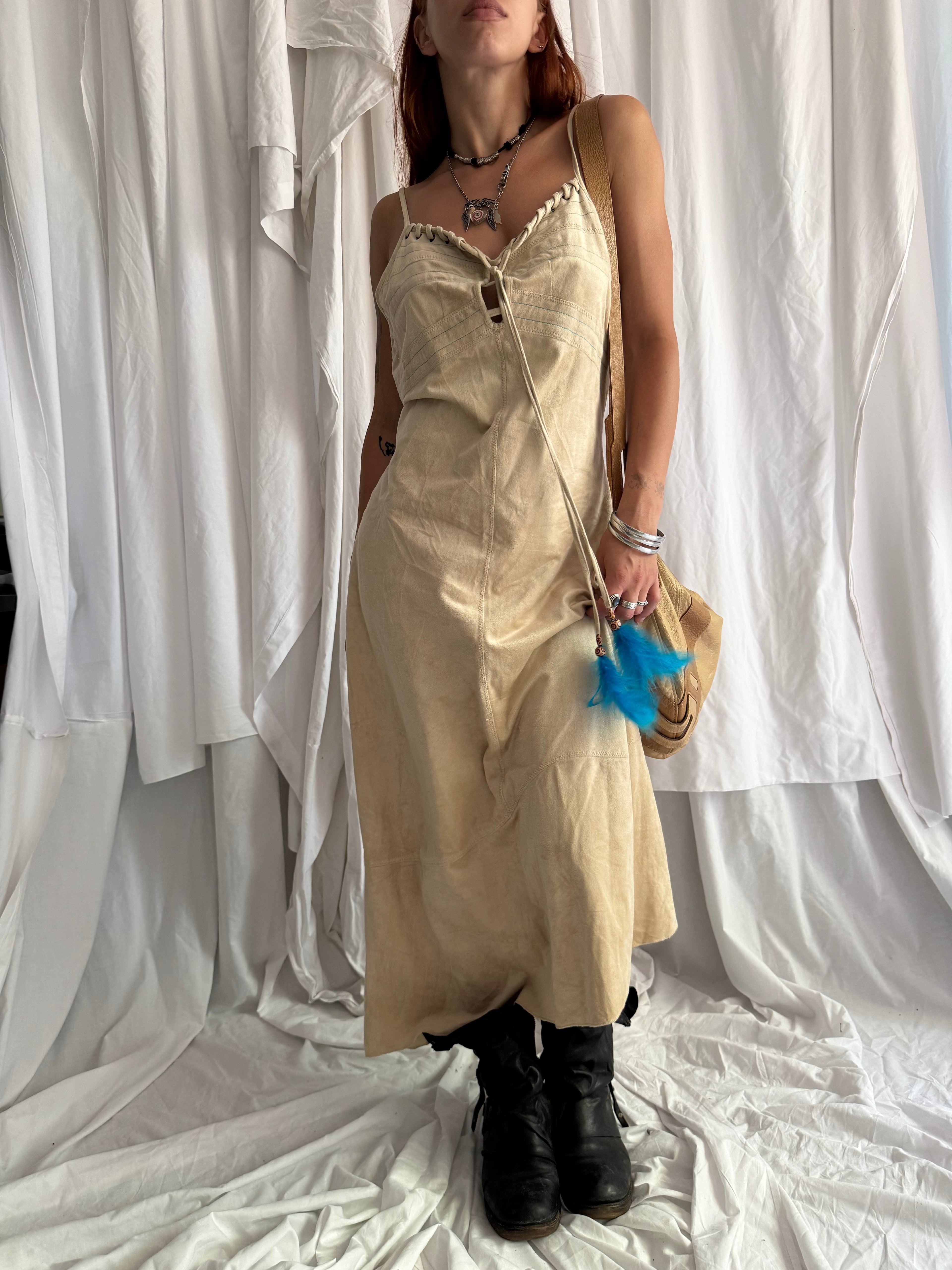 BEIGE ASYMMETRIC BOHO MIDI DRESS WITH BLUE FEATHER DETAIL