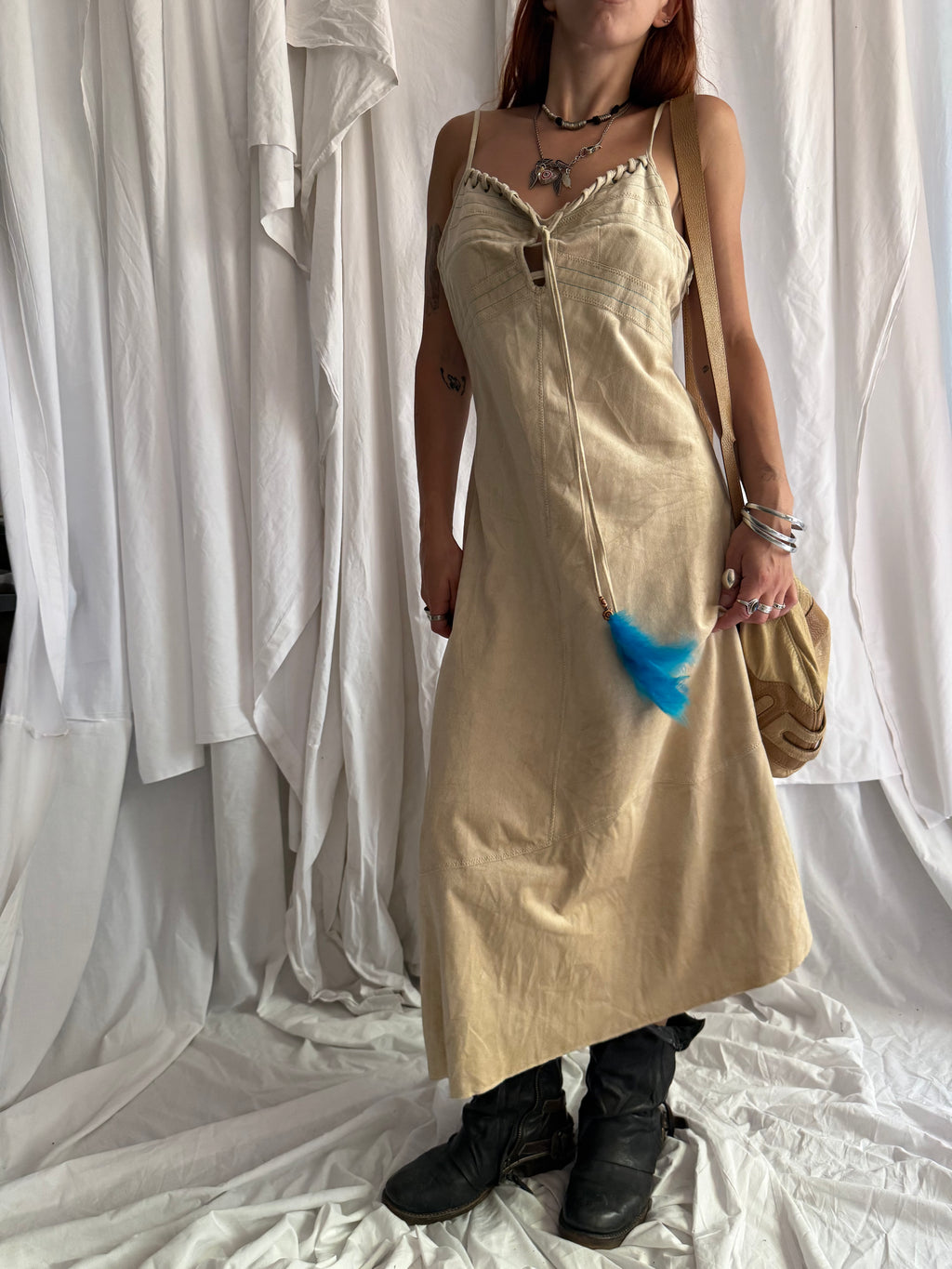 BEIGE ASYMMETRIC BOHO MIDI DRESS WITH BLUE FEATHER DETAIL