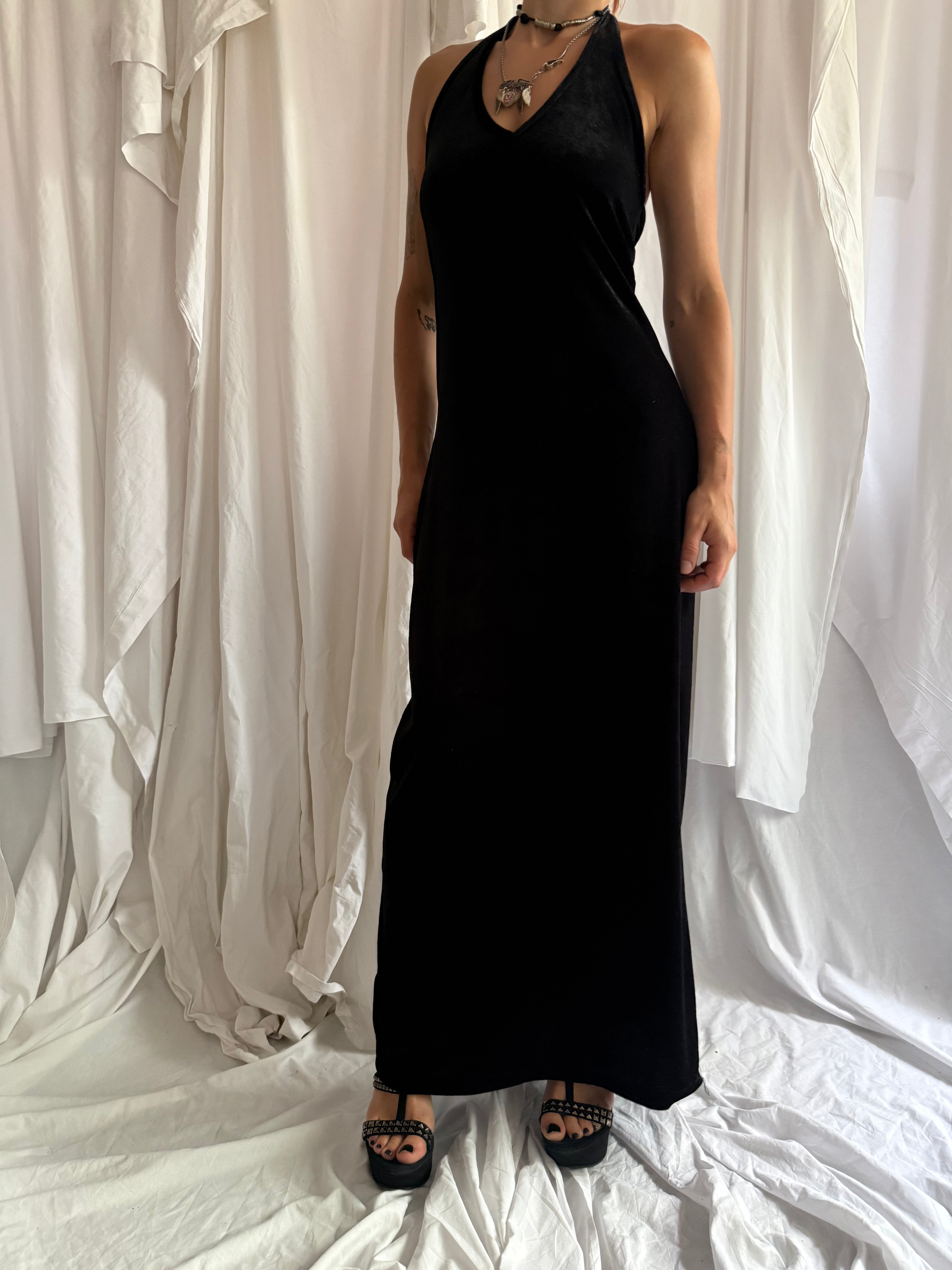 BLACK VELOUR HALTERNECK MAXI DRESS