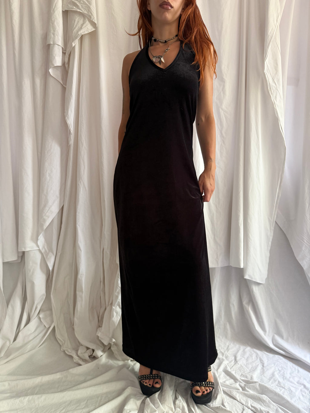 BLACK VELOUR HALTERNECK MAXI DRESS