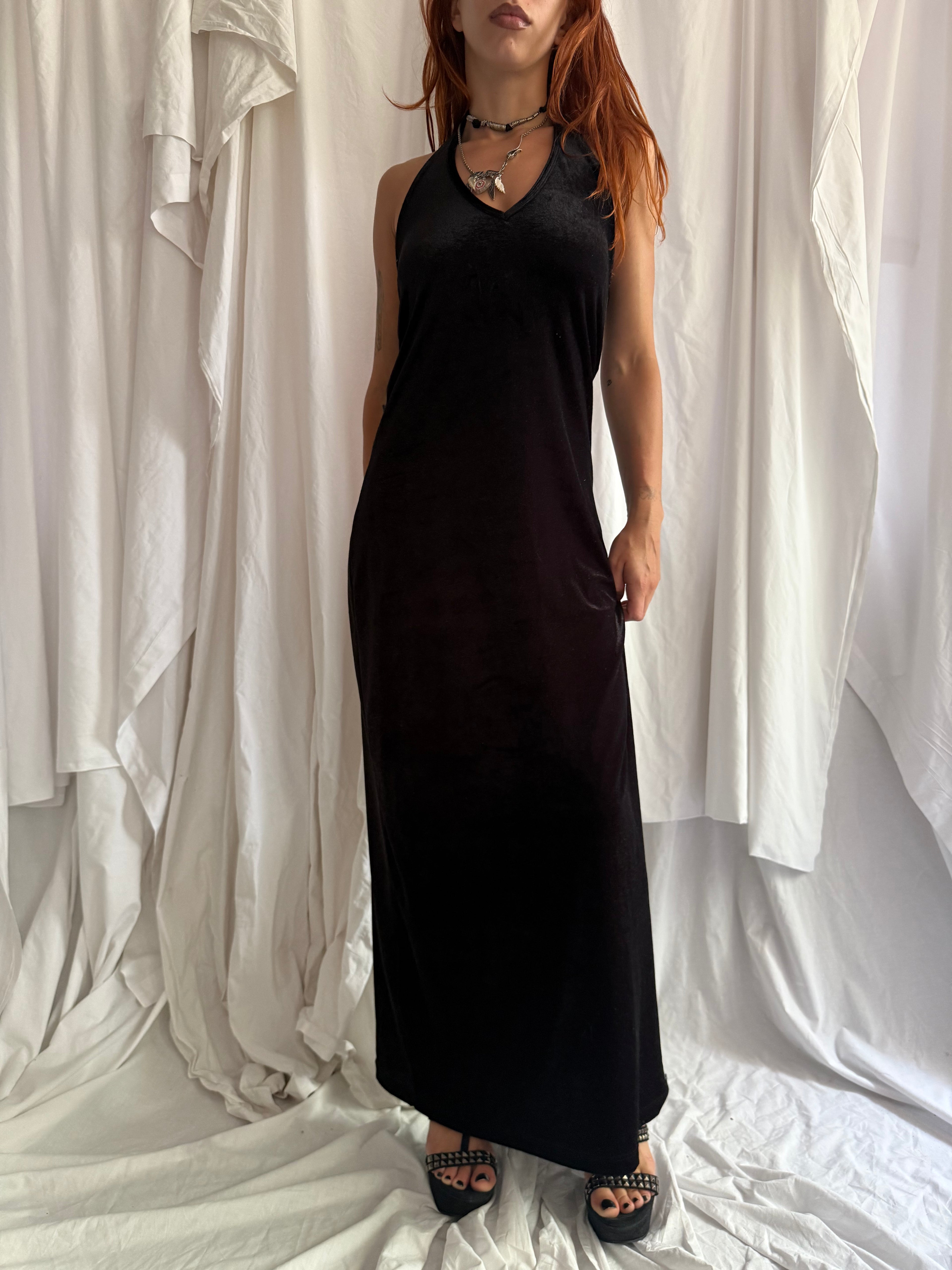 BLACK VELOUR HALTERNECK MAXI DRESS